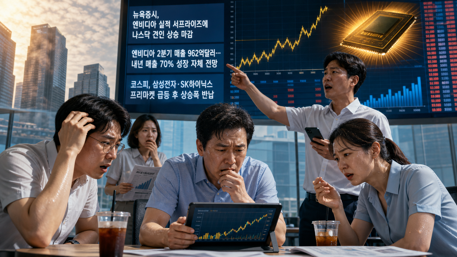 오늘의 글로벌 증시 카드뉴스 중간 이미지 — 8월 28일 글로벌 증시는 엔비디아의 실적 서프라이즈와 한국은행의 기준금리 인상이 동시에 맞물린 하루였다.