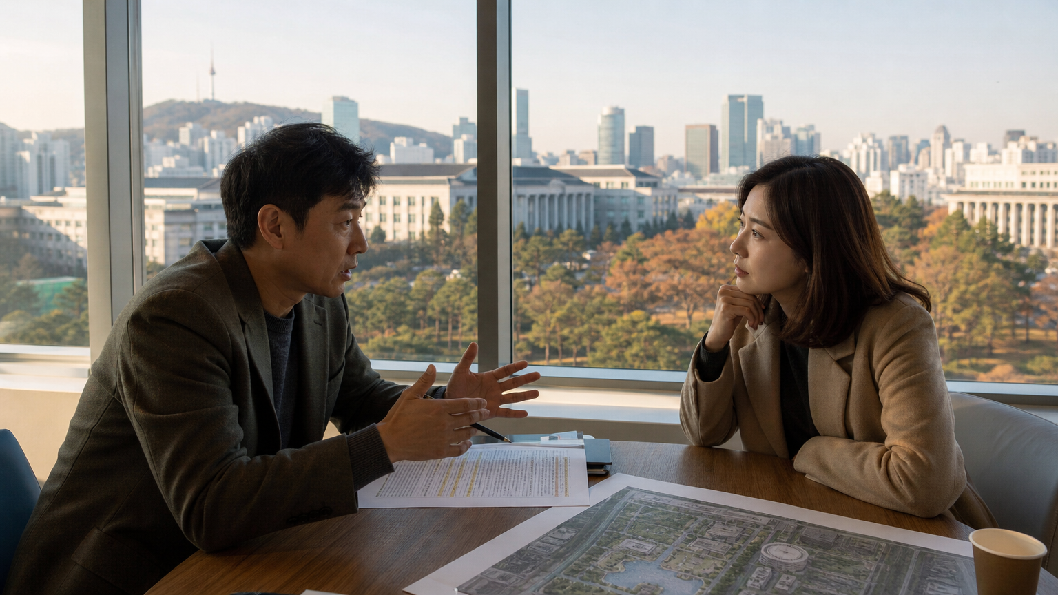 재건축 권한 이양 논의와 세무조사 서류 앞에서 심각하게 대화하는 두 사람과 용산 스카이라인을 담은 사실적인 사진