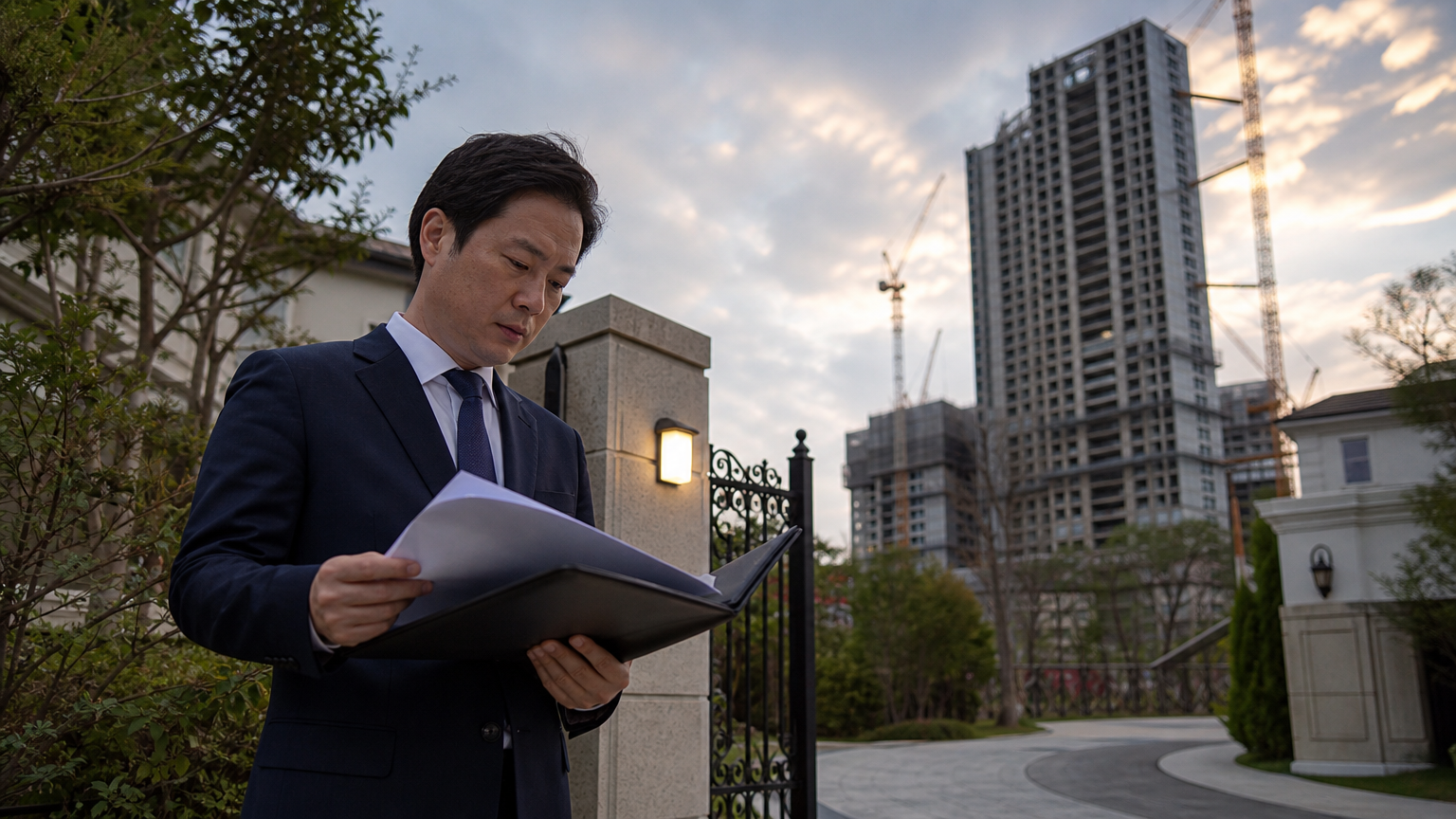 고급 주택 입구에서 아파트 건설 현장으로 이어지는 장면을 표현한 사실적인 사진, 서류를 검토하는 세무조사관