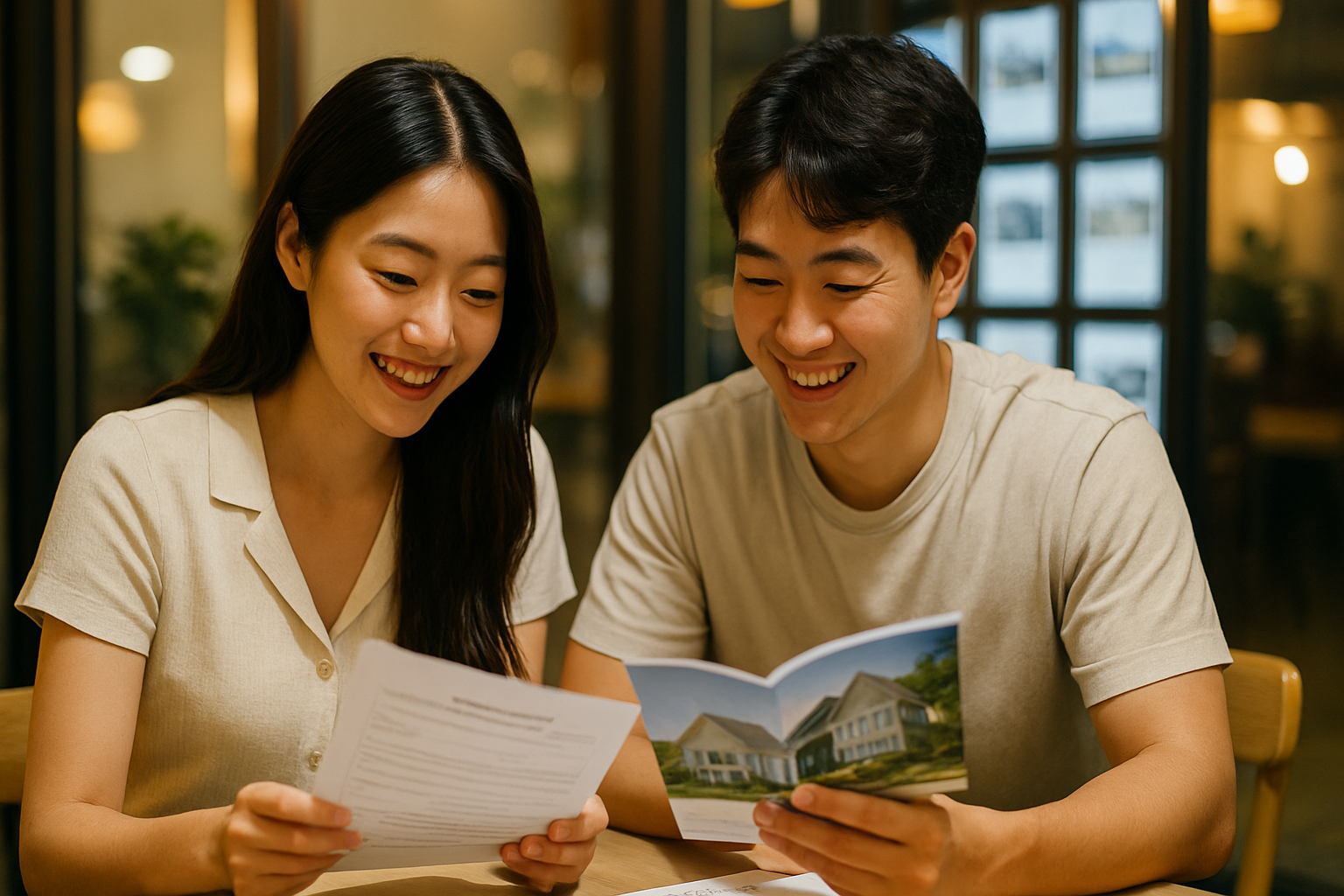 저녁 시간 부동산 사무실에서 청년 월세지원 서류와 주택 브로슈어를 보며 웃고 있는 청년 커플을 담은 사실적인 사진