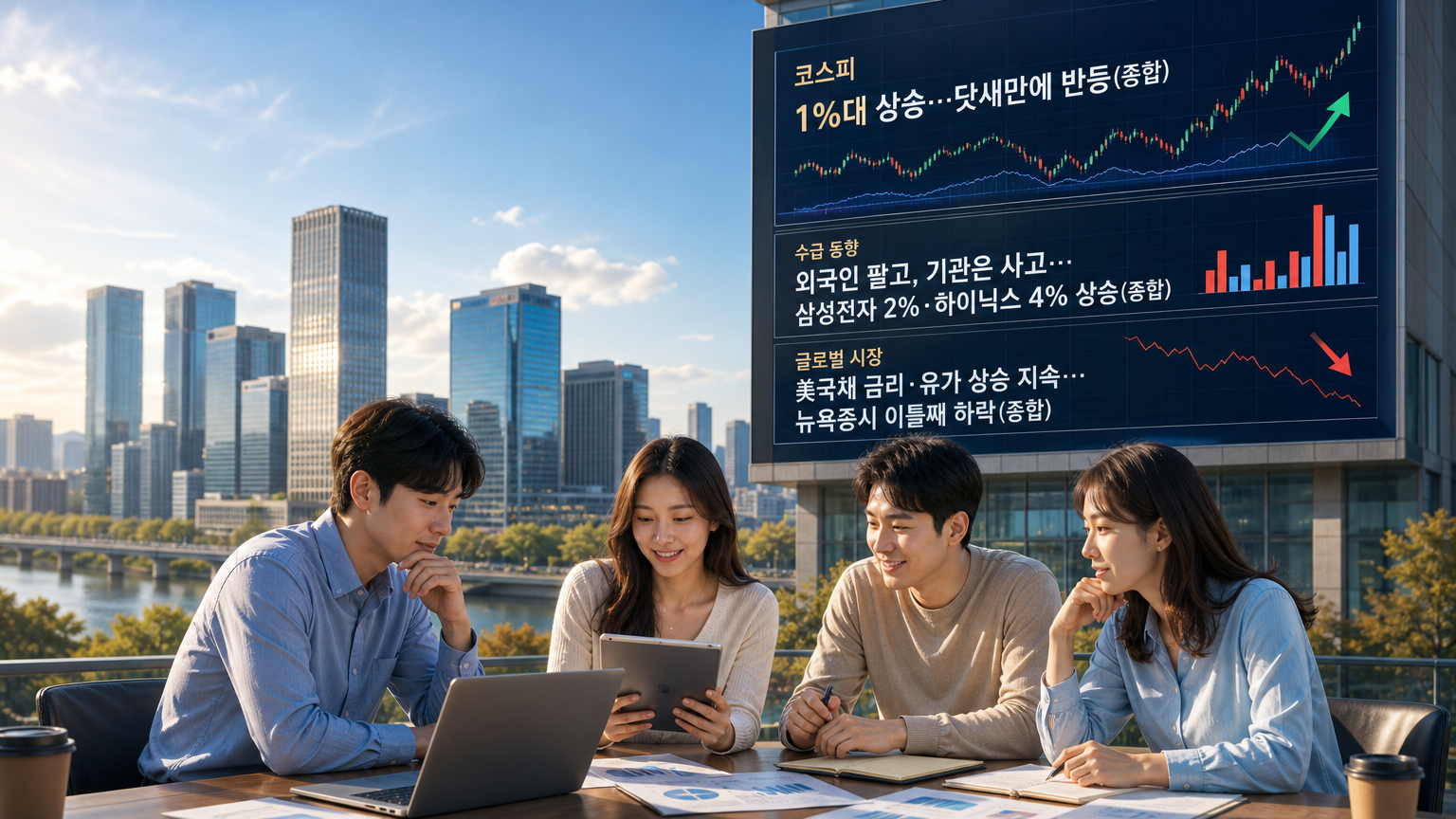오늘의 글로벌 증시 카드뉴스 중간 이미지 — 코스피는 FOMC 경계감 속에서도 반도체 대형주 강세에 힘입어 닷새 만에 반등했다. KB증권은 AI 투자 둔
