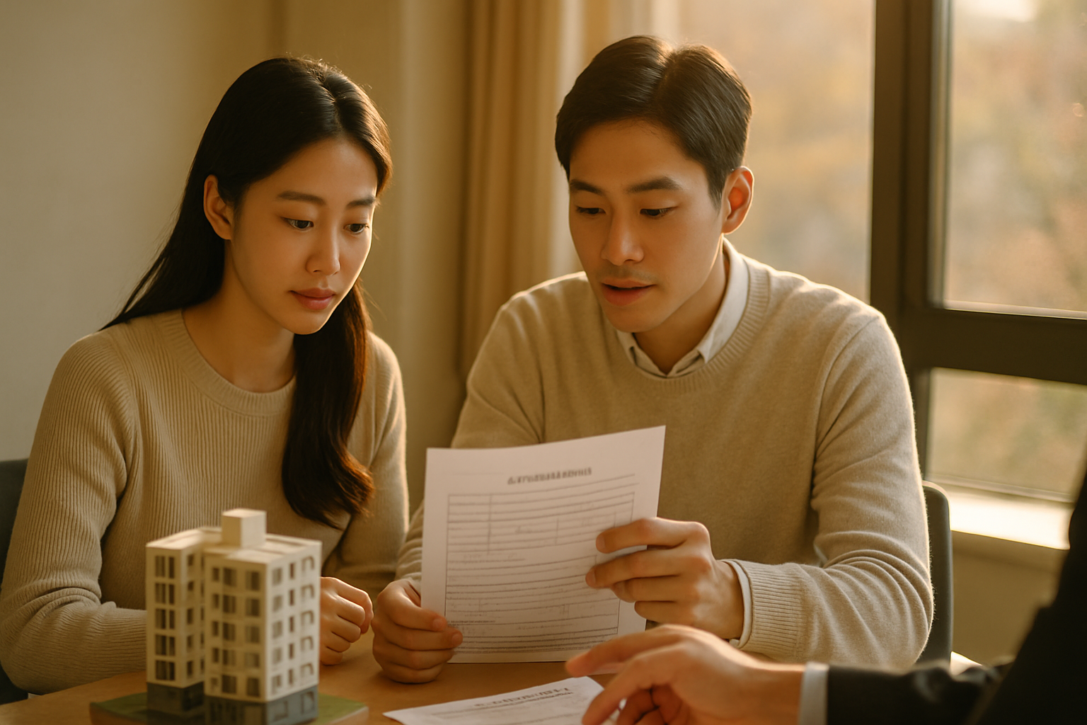 청약 서류와 모형 아파트를 앞에 두고 상담하는 실수요자 부부의 사실적인 사진