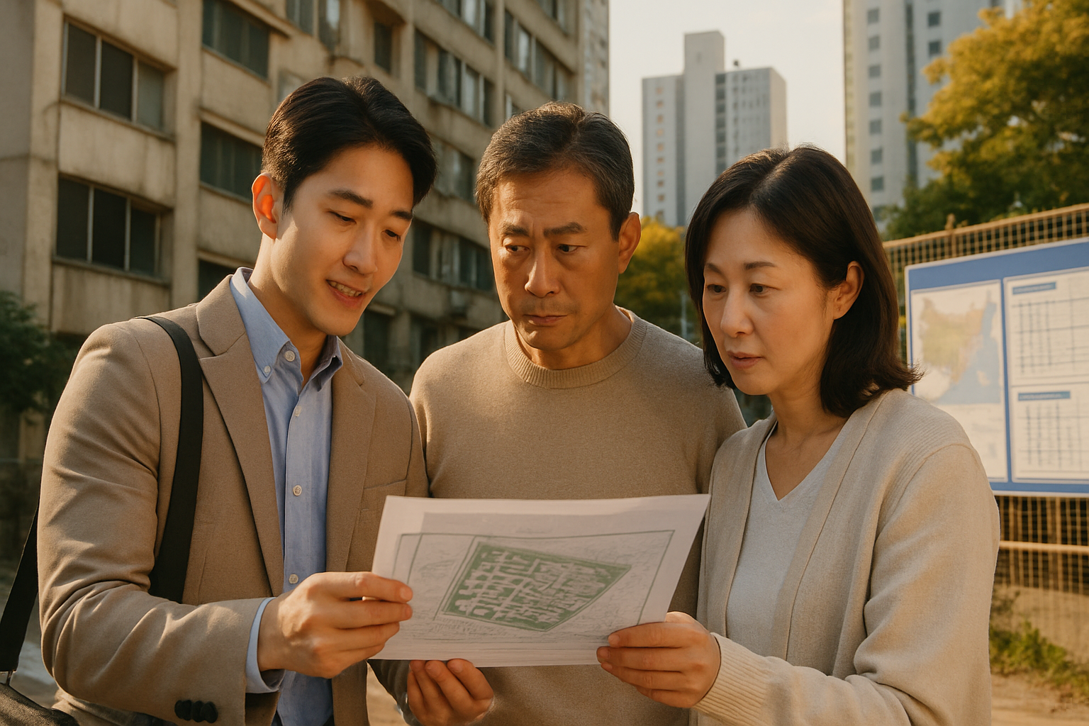 이태원동 재건축 단지 인근에서 정비계획안을 살펴보는 공인중개사와 주민의 사실적인 사진