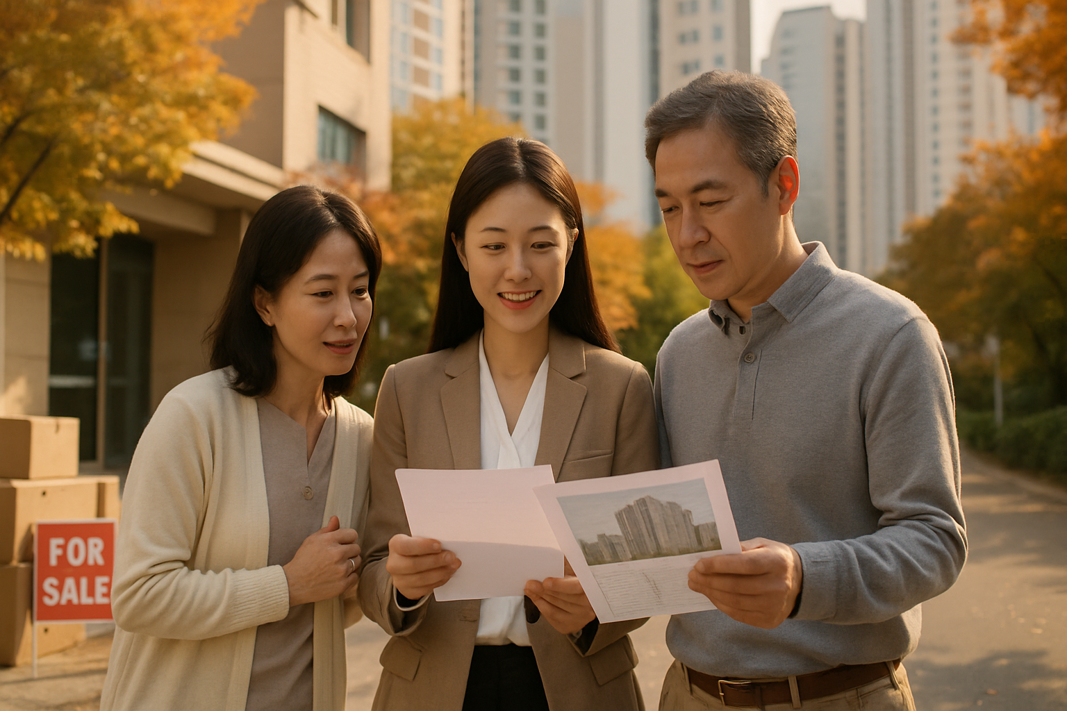 실거주 의무 유예 연장 이후 매물을 살펴보는 공인중개사와 부부의 사실적인 사진