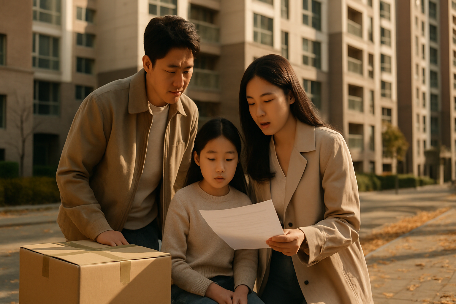 신축 아파트 앞에서 이사 준비를 하는 가족의 사실적인 사진