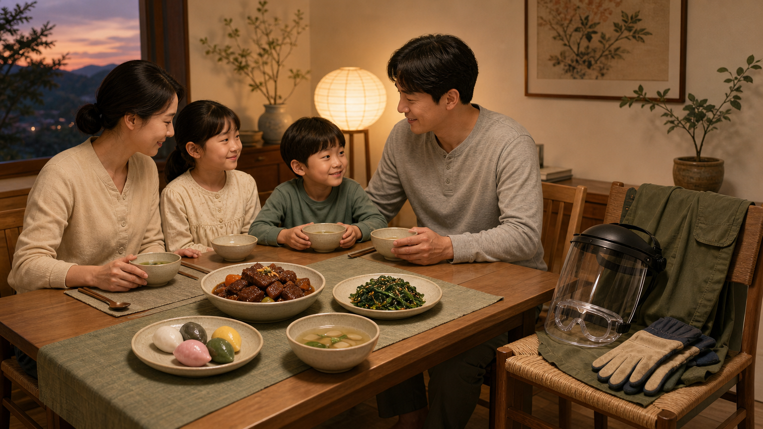 가족이 함께 나누는 소박한 추석 저녁상과 벌초 안전용품이 정갈하게 놓인 마무리 장면 이미지