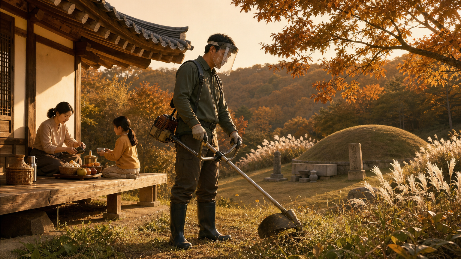 긴소매 작업복과 안면보호구·안전화를 착용하고 예초기를 든 가장, 뒤편에서 성묘 준비 중인 가족과 억새로 물든 가을 산자락 — ONSI 벌초 안전과 명절 준비 결론 이미지