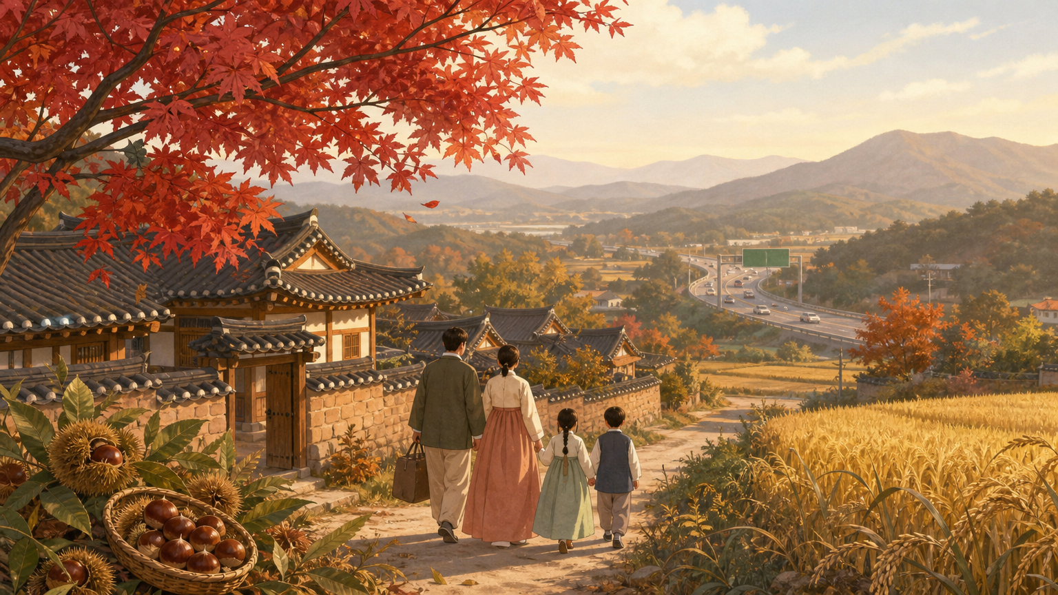 추석 사흘 앞 재테크와 건강·생활 인사이트 10선을 한 장에 담은 대표 이미지 — 가을 아침 한국 마을과 단풍