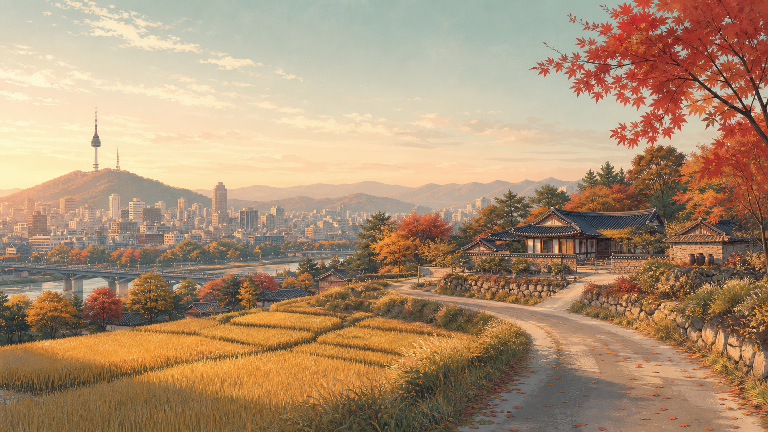 추석 이틀 앞 재테크와 건강·생활 인사이트 10선을 한 장에 담은 대표 이미지 — 도시와 시골을 잇는 가을 아침 풍경