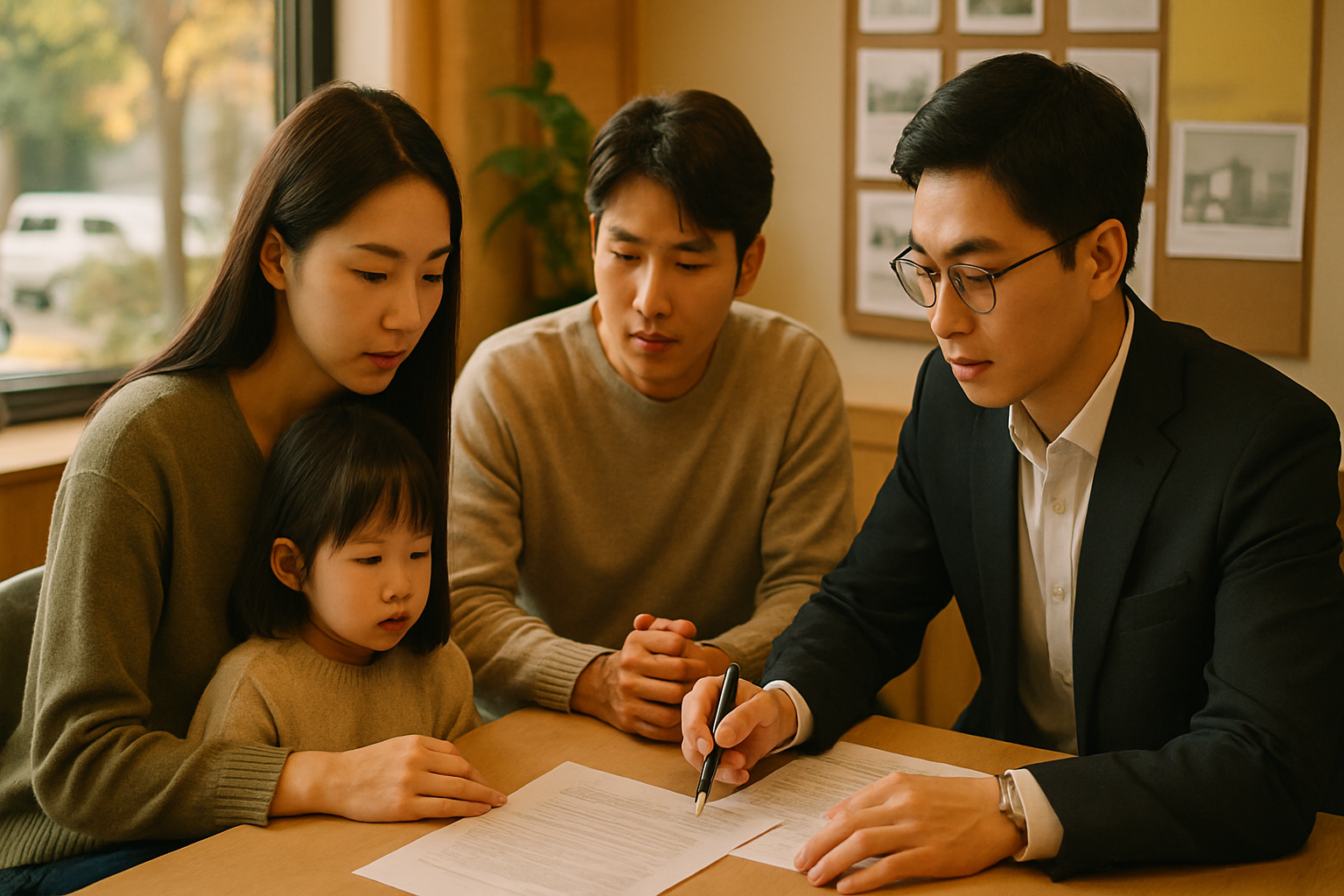 부동산 중개업소에서 청약·대출 서류를 상담하는 가족의 사실적인 사진
