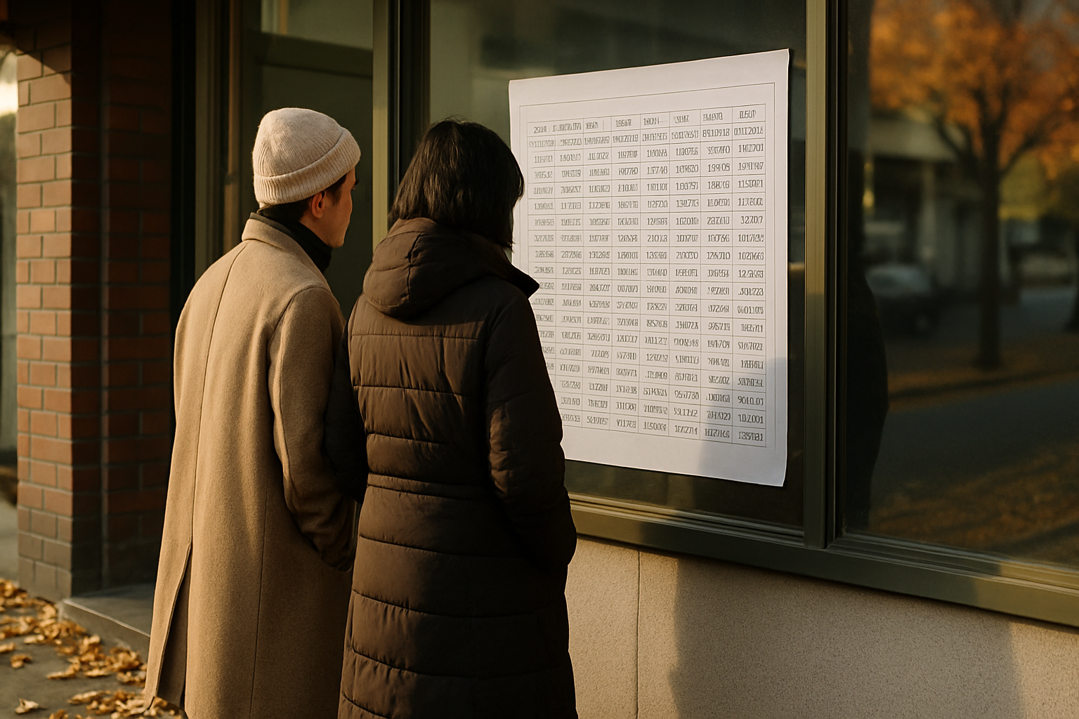 가을 오후 부동산 중개업소 앞에서 매물 시세표를 확인하는 방문객들의 사실적인 사진