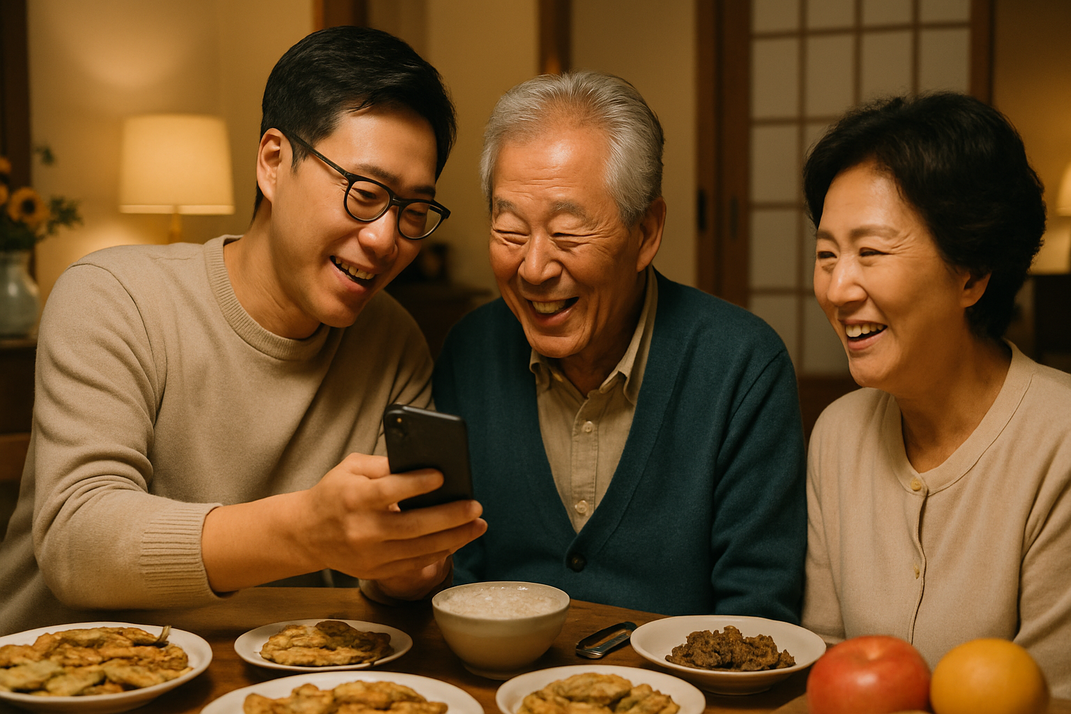 추석 명절에 가족과 스마트폰 화면을 함께 보며 웃는 시니어 가족의 사실적인 사진