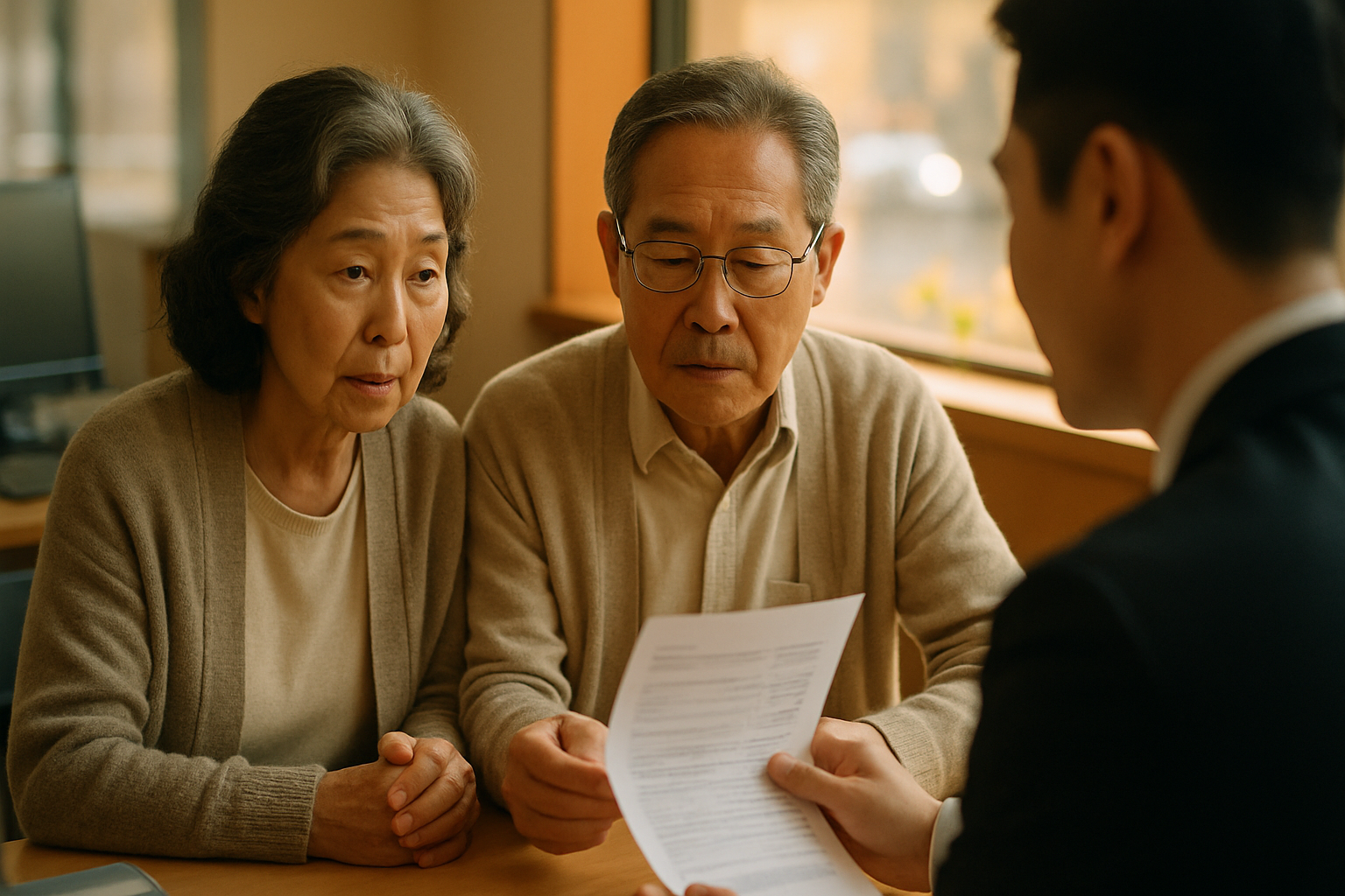은행 창구에서 예금·연금 안내문을 함께 확인하는 60대 부부의 사실적인 사진