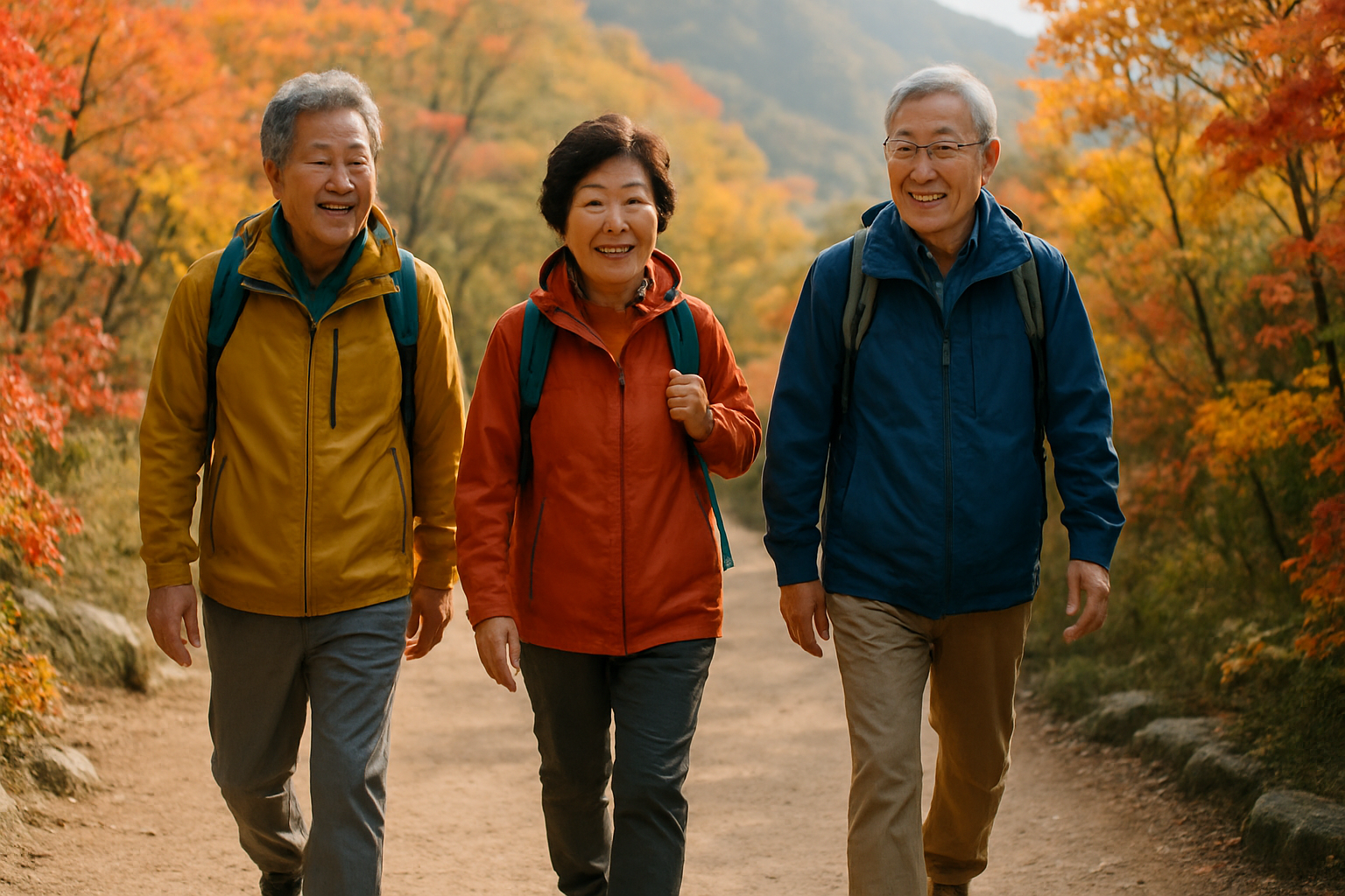 단풍이 물든 산책로를 등산복 차림으로 함께 걷는 60~70대 시니어들의 사실적인 사진