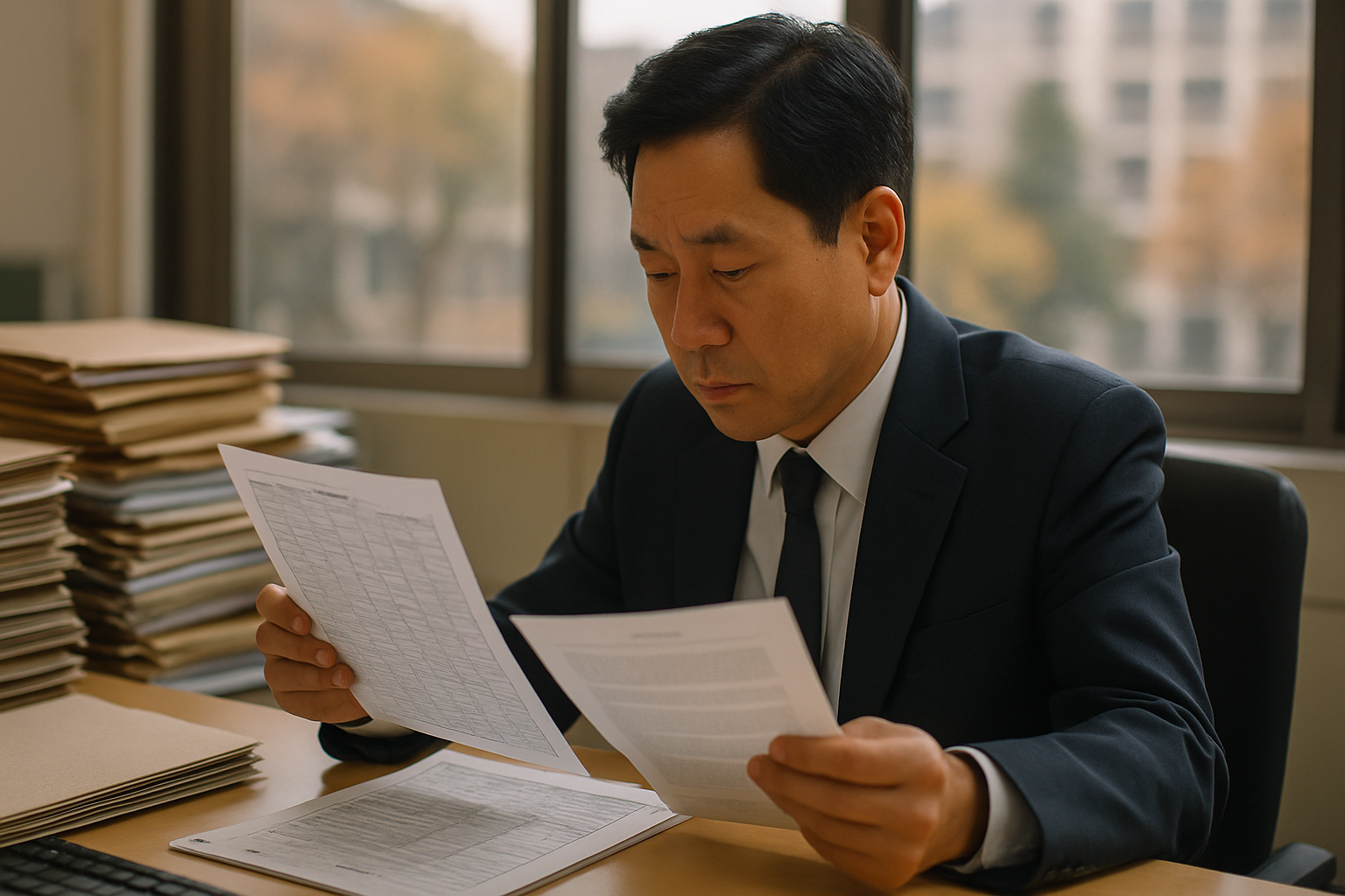 가을날 부동산 거래 신고 서류를 검토하는 공무원의 사실적인 사진