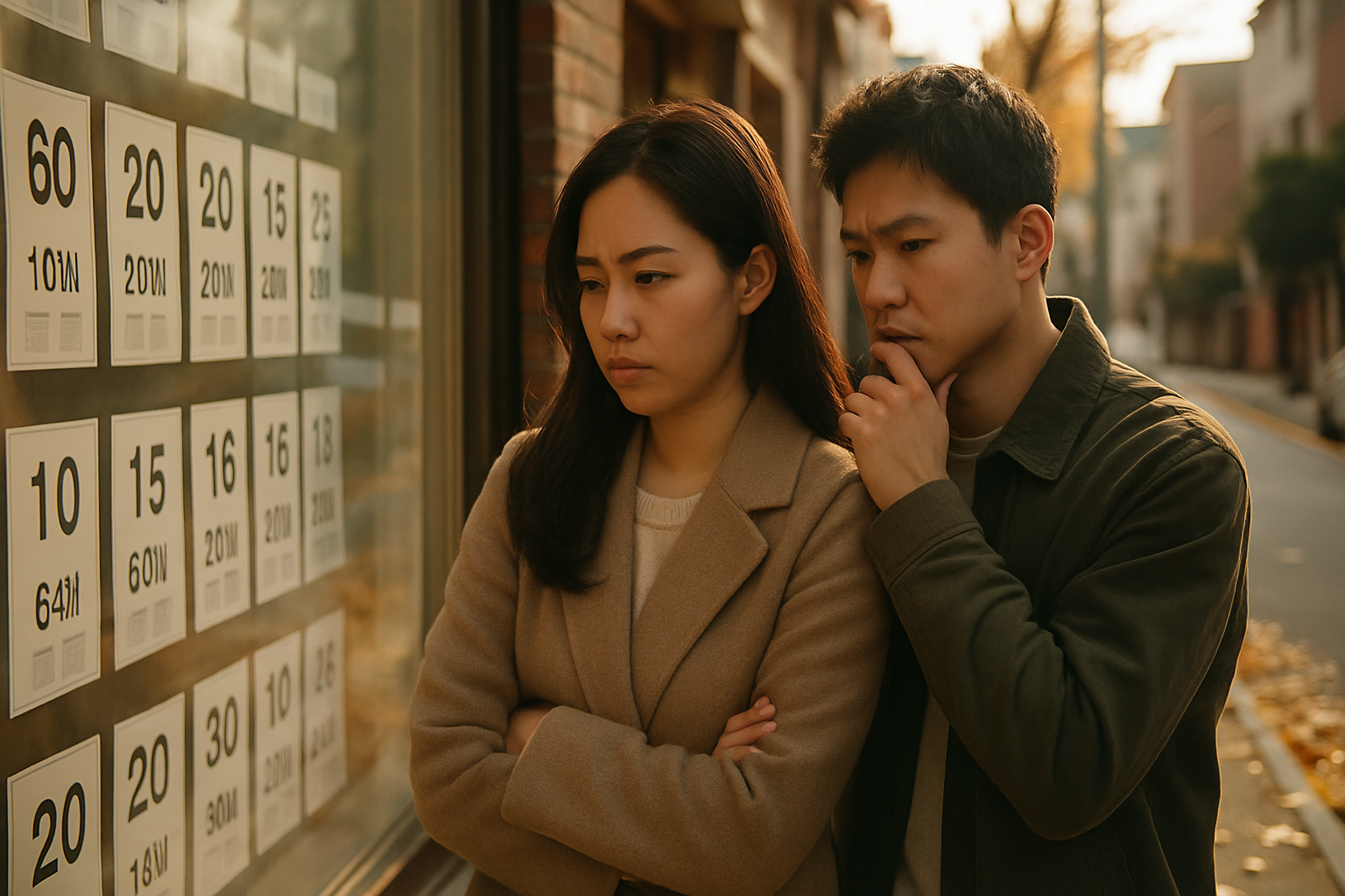가을날 전세 매물 시세표를 살펴보는 부부의 사실적인 사진