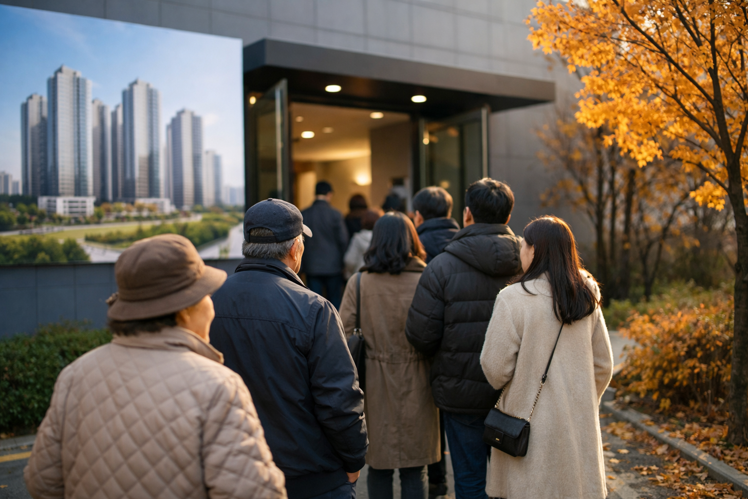 늦가을 아파트 모델하우스 앞에 줄을 선 방문객들의 사실적인 사진