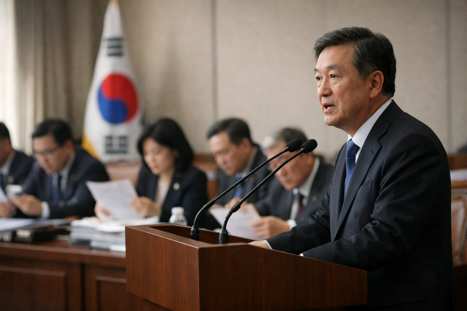 늦가을 국정감사장에서 발언하는 공직자와 서류를 검토하는 의원들의 사실적인 사진