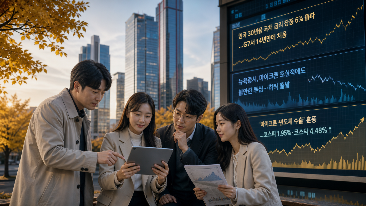 오늘의 글로벌 증시 카드뉴스 중간 이미지 — 오늘 시장의 축은 반도체와 원전이다. 해외 메모리 기업의 깜짝 실적과 국내 반도체 수출 호조가 겹치며 코스피