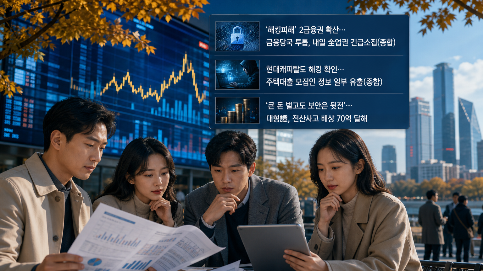 오늘의 글로벌 증시 카드뉴스 중간 이미지 — 오늘 시장의 가장 큰 변수는 금융권 전반으로 확산되는 해킹 피해다. 은행권에 이어 2금융권과 현대캐피탈까지