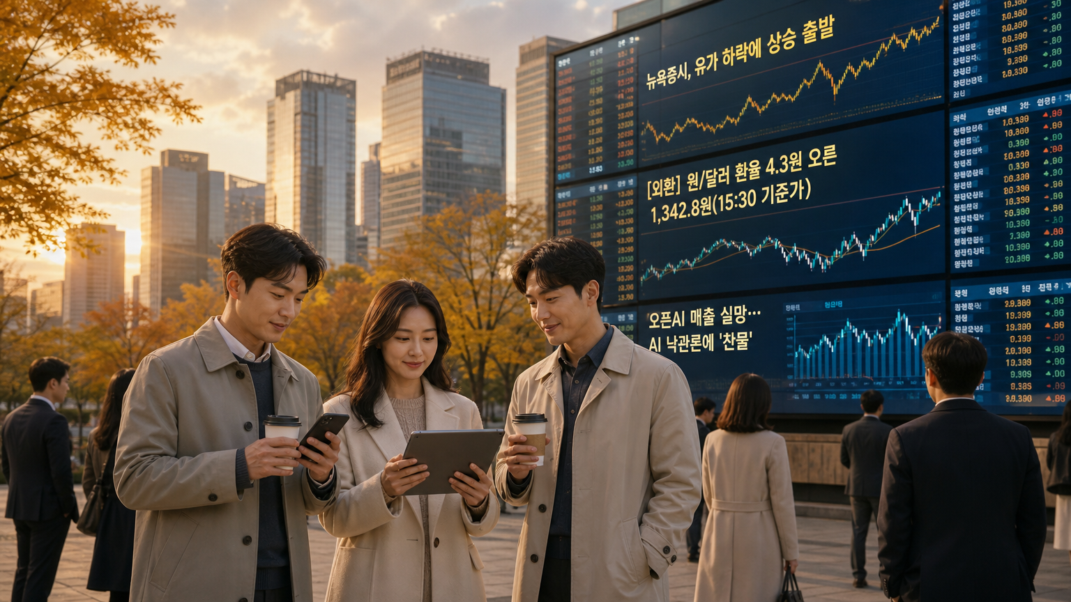 오늘의 글로벌 증시 카드뉴스 결론 이미지 — 오픈AI의 연환산 매출이 시장 기대치보다 낮은 수준으로 알려지며 AI 반도체 관련주가 흔들렸고, 'AI 거품