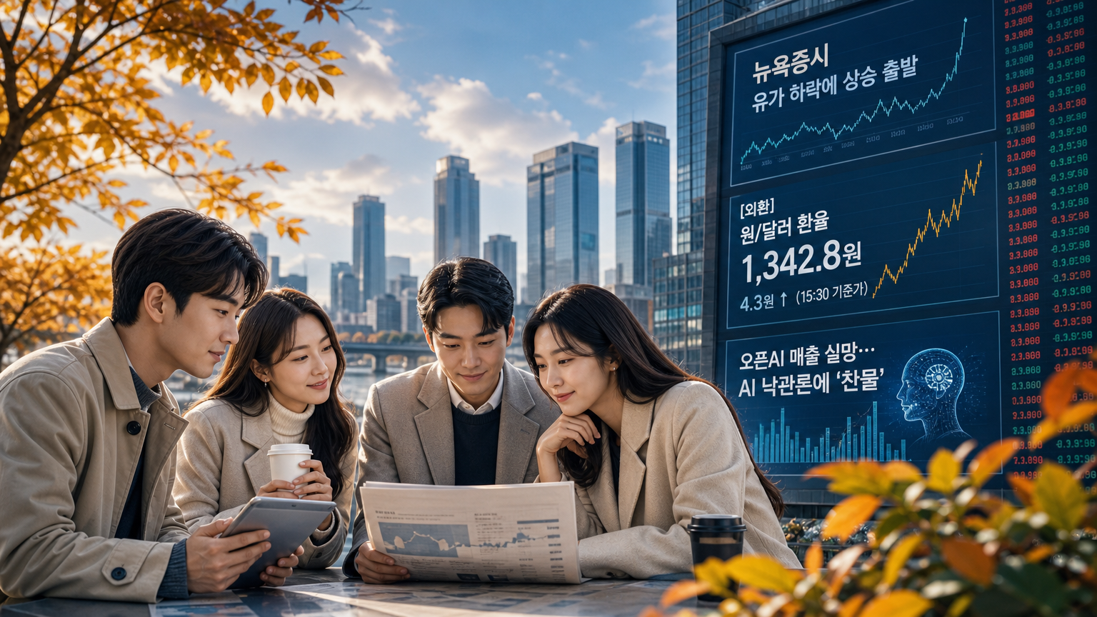 오늘의 글로벌 증시 카드뉴스 중간 이미지 — 오픈AI의 연환산 매출이 시장 기대치보다 낮은 수준으로 알려지며 AI 반도체 관련주가 흔들렸고, 'AI 거품