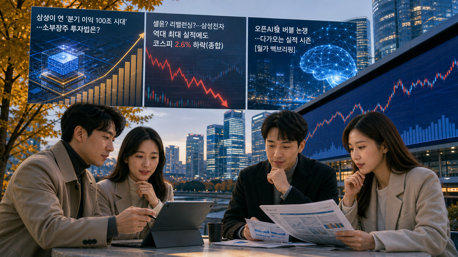 오늘의 글로벌 증시 카드뉴스 중간 이미지 — 삼성전자가 사상 최대 분기 영업이익을 기록하며 메모리 업황 개선을 다시 한 번 확인시켰지만, 차익실현과 지수