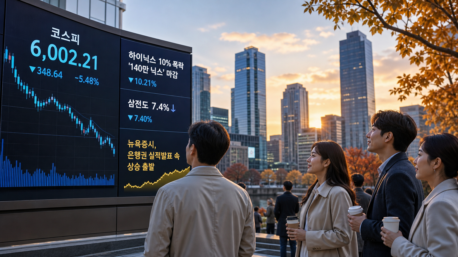 오늘의 글로벌 증시 카드뉴스 결론 이미지 — 코스피가 반도체 대형주를 중심으로 큰 폭으로 흔들리며 급락 마감했다. 외국인은 대규모 순매도를 이어갔지만 지