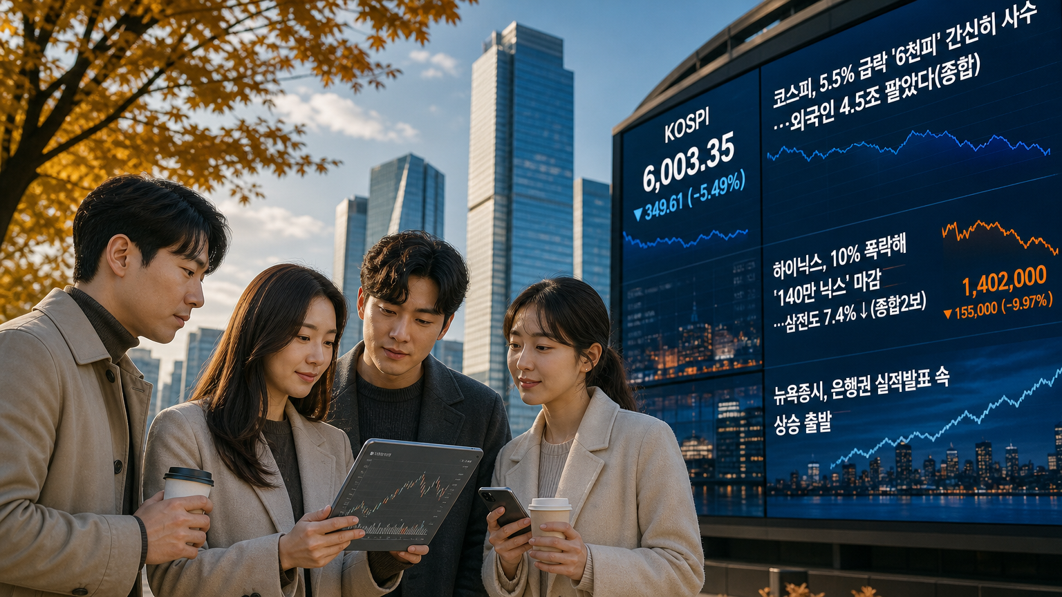 오늘의 글로벌 증시 카드뉴스 중간 이미지 — 코스피가 반도체 대형주를 중심으로 큰 폭으로 흔들리며 급락 마감했다. 외국인은 대규모 순매도를 이어갔지만 지