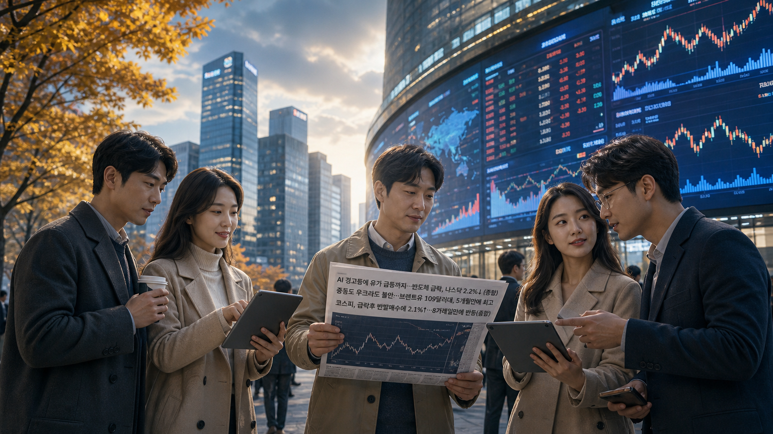 오늘의 글로벌 증시 카드뉴스 중간 이미지 — 16일(현지시간) 뉴욕증시는 중동·우크라이나 지정학 리스크로 국제유가가 급등하고 AI·반도체 밸류에이션 부담