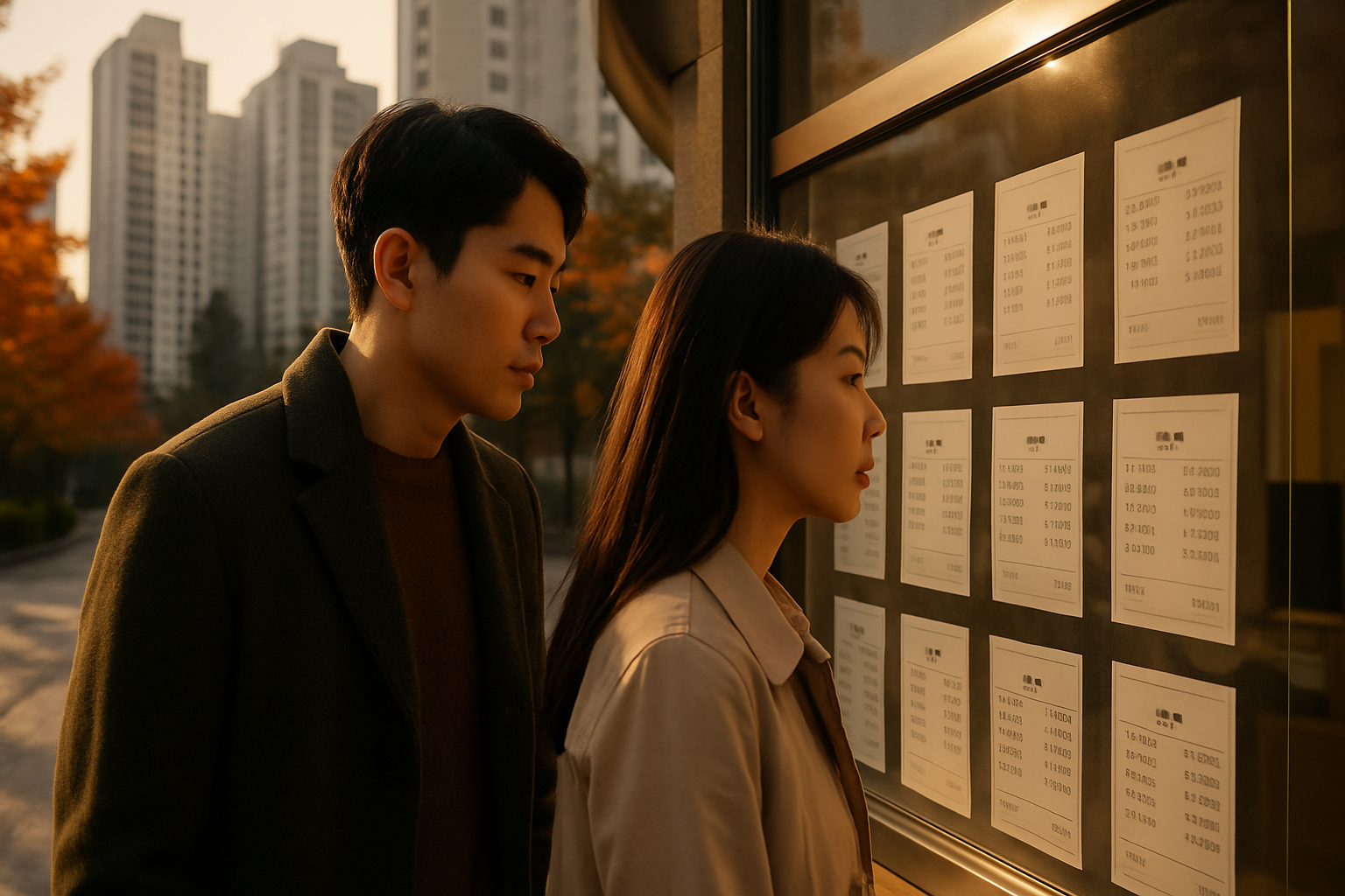 가을 저녁 강남 아파트 단지 앞에서 매물 시세표를 살펴보는 두 사람의 사실적인 사진