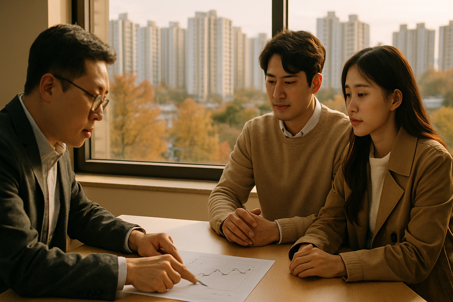 가을날 부동산 중개사무소에서 집값 상승 추이를 설명하는 중개사와 부부의 사실적인 사진