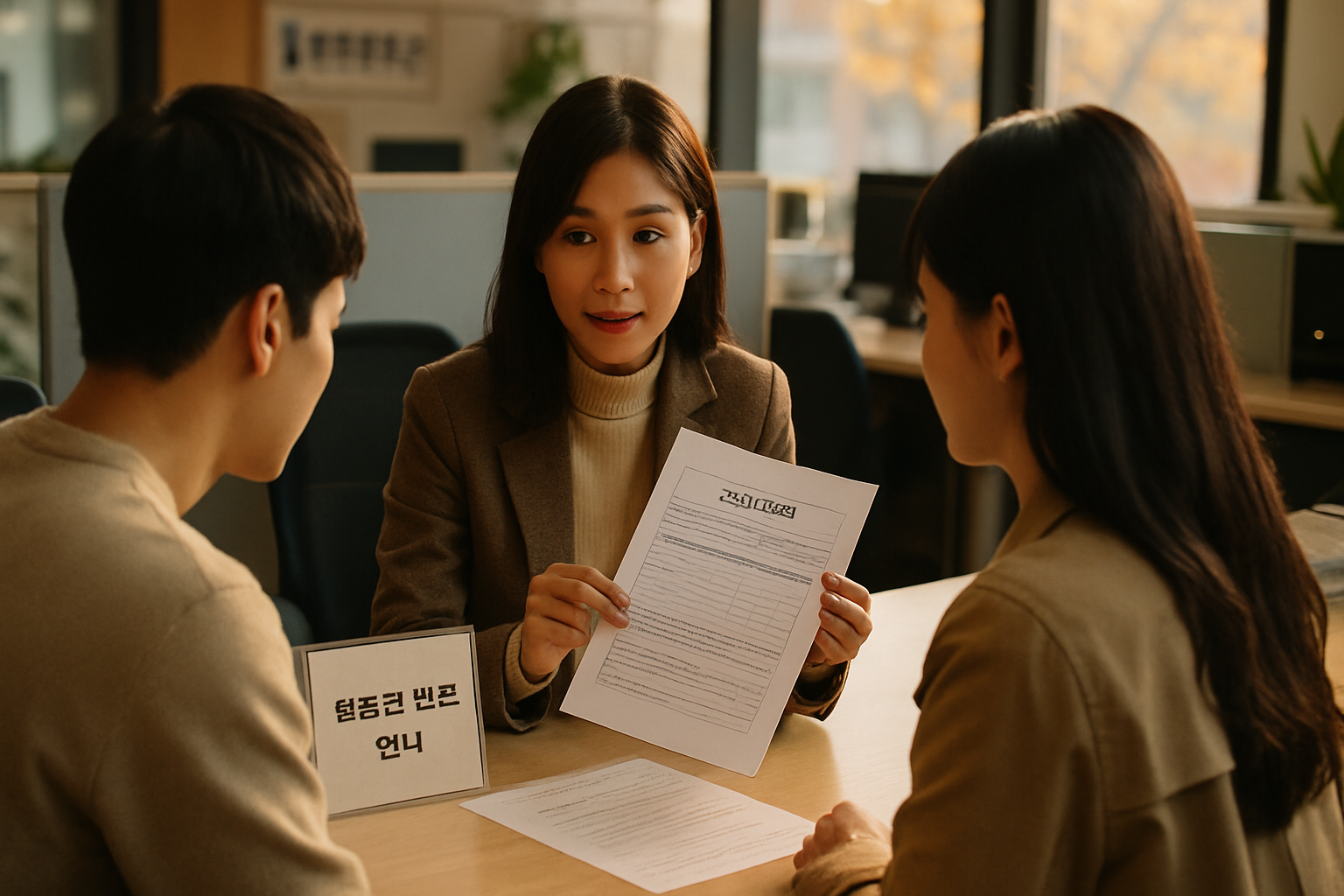 가을 오후 전세사기 피해자 지원 상담을 받는 부부의 사실적인 사진