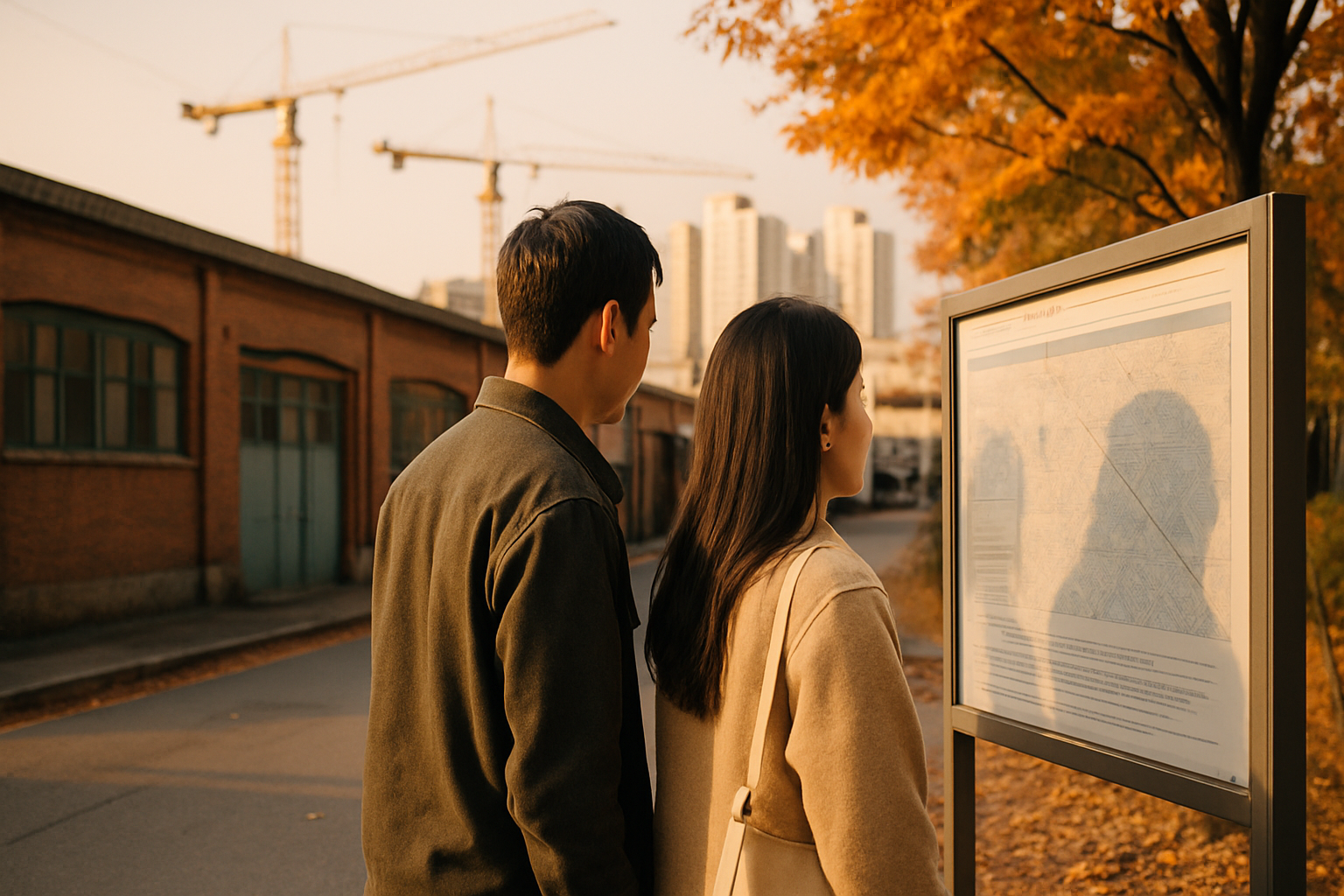 가을 오후 영등포 준공업지역 재개발 현장을 둘러보는 주민들의 사실적인 사진