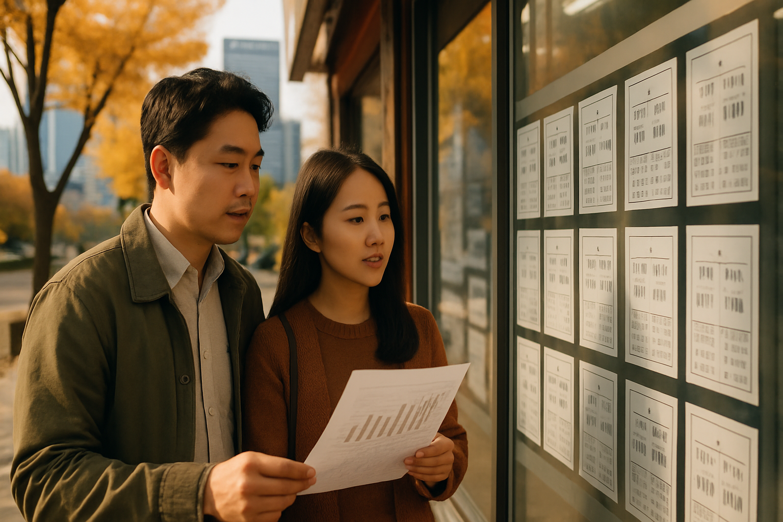 경기 수원 영통 삼성전자 본사 인근에서 아파트 가격표를 살펴보는 부부의 사실적인 사진