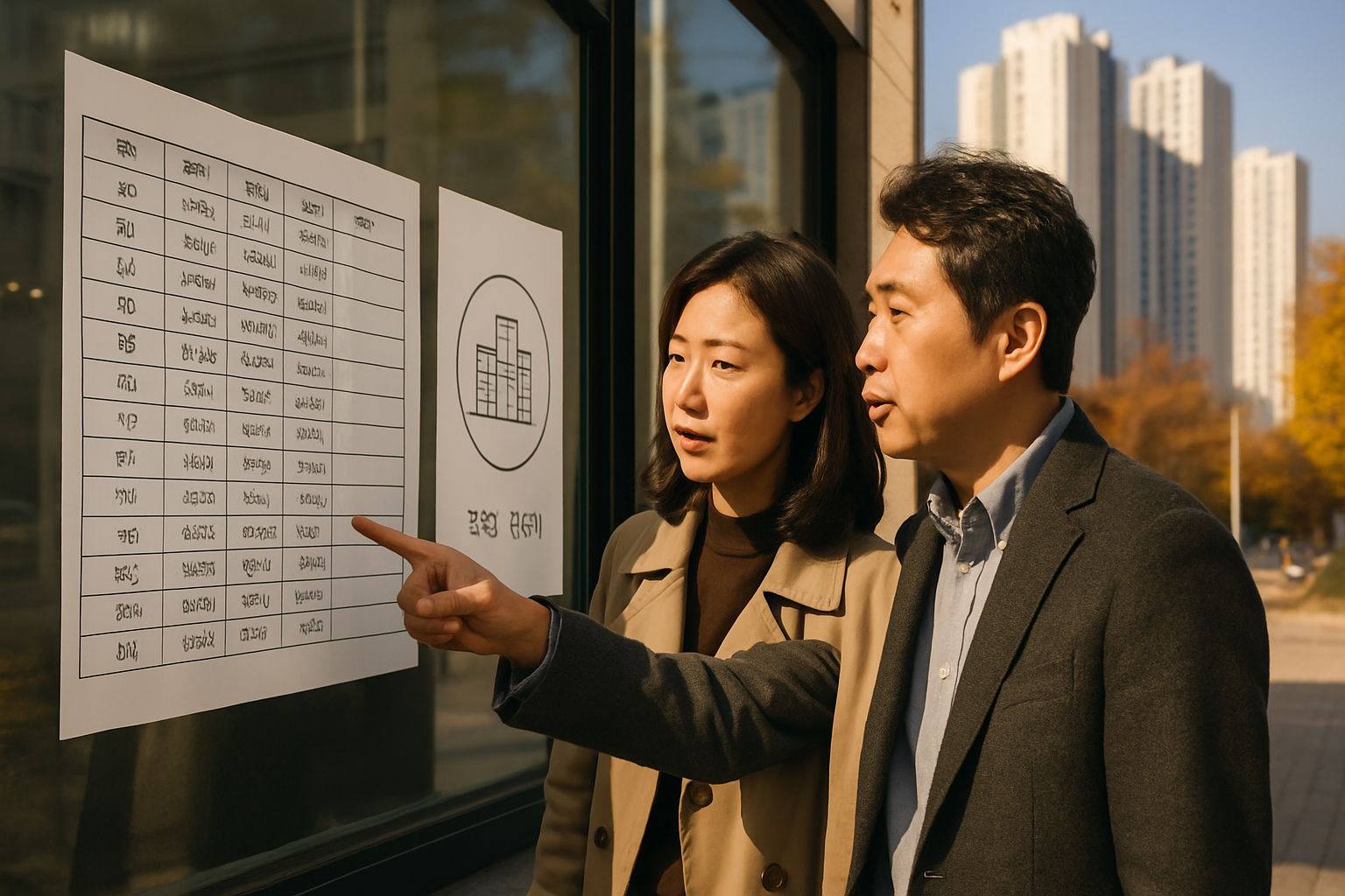 가을날 서울의 한 공인중개사 사무소 앞에서 아파트 가격표와 미분양 매입 정책 안내문을 살펴보는 중년 부부의 사실적인 사진