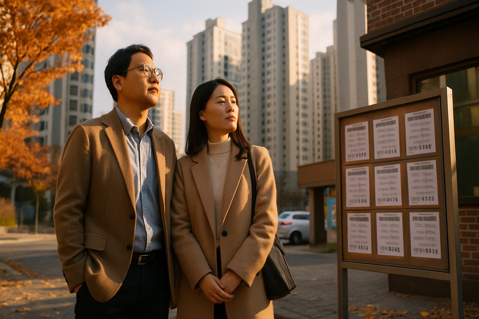 가을날 수원의 아파트 단지 앞에서 공인중개사 시세표를 바라보는 중년 부부의 사실적인 사진