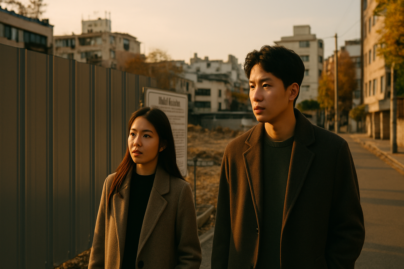 가을날 공사가 멈춘 도심 공공주택 복합사업 부지의 가림막을 지나는 시민들의 사실적인 사진