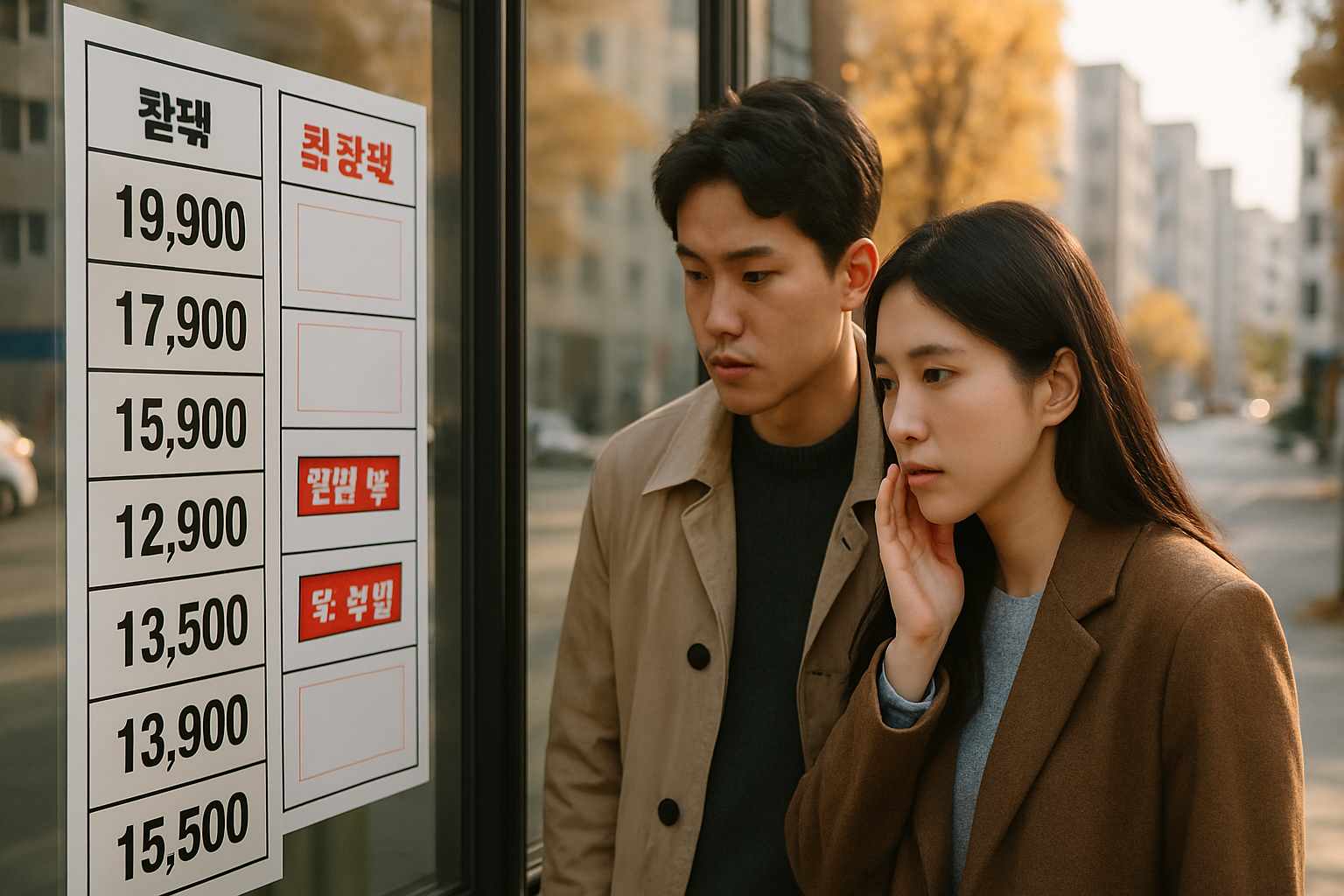 가을날 공인중개사 사무소 앞에서 최근 거래가 안내문을 살펴보는 남녀의 사실적인 사진