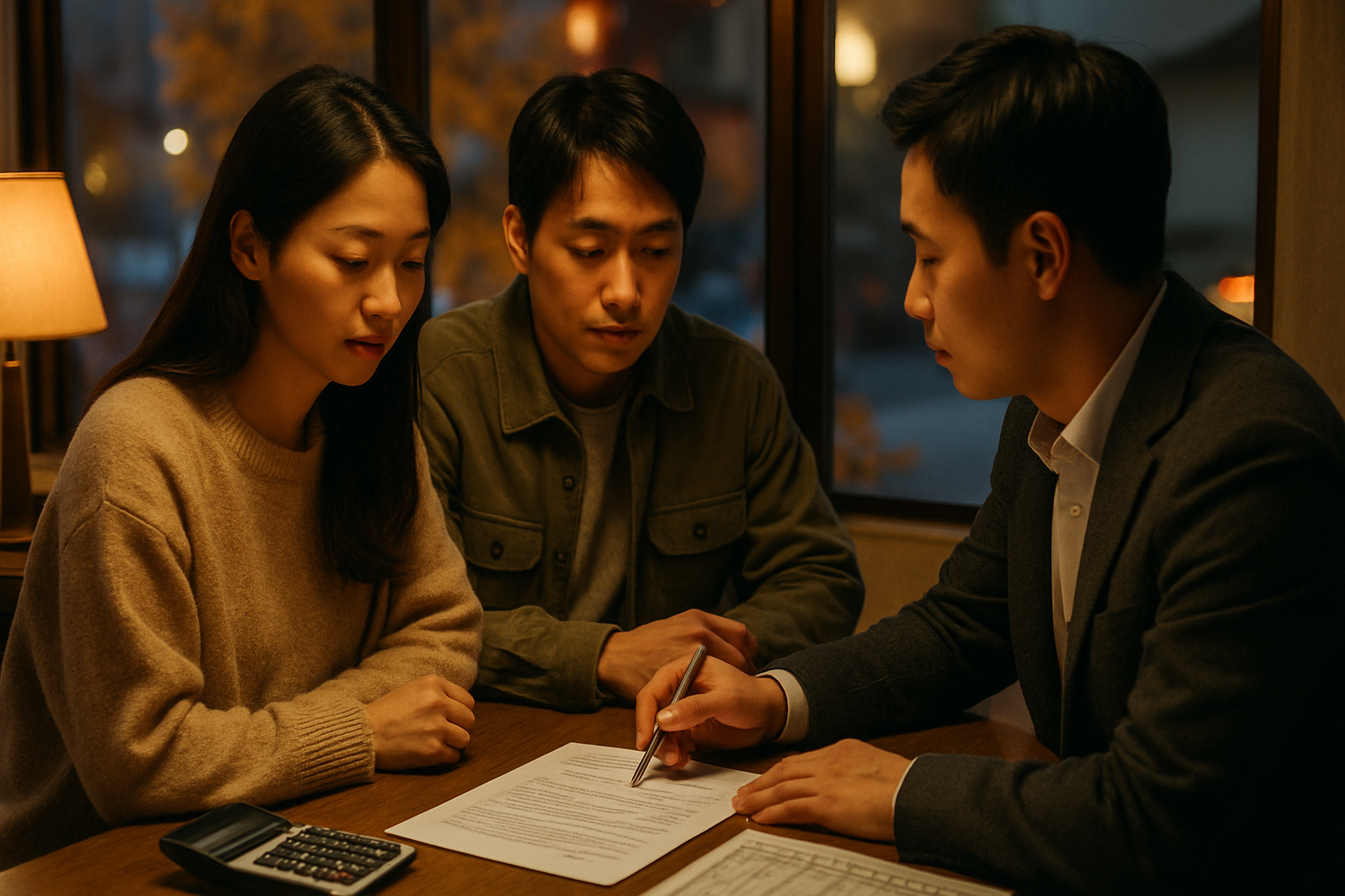 가을 저녁 서울 외곽 공인중개사 사무소에서 전세 재계약서를 검토하는 부부의 사실적인 사진