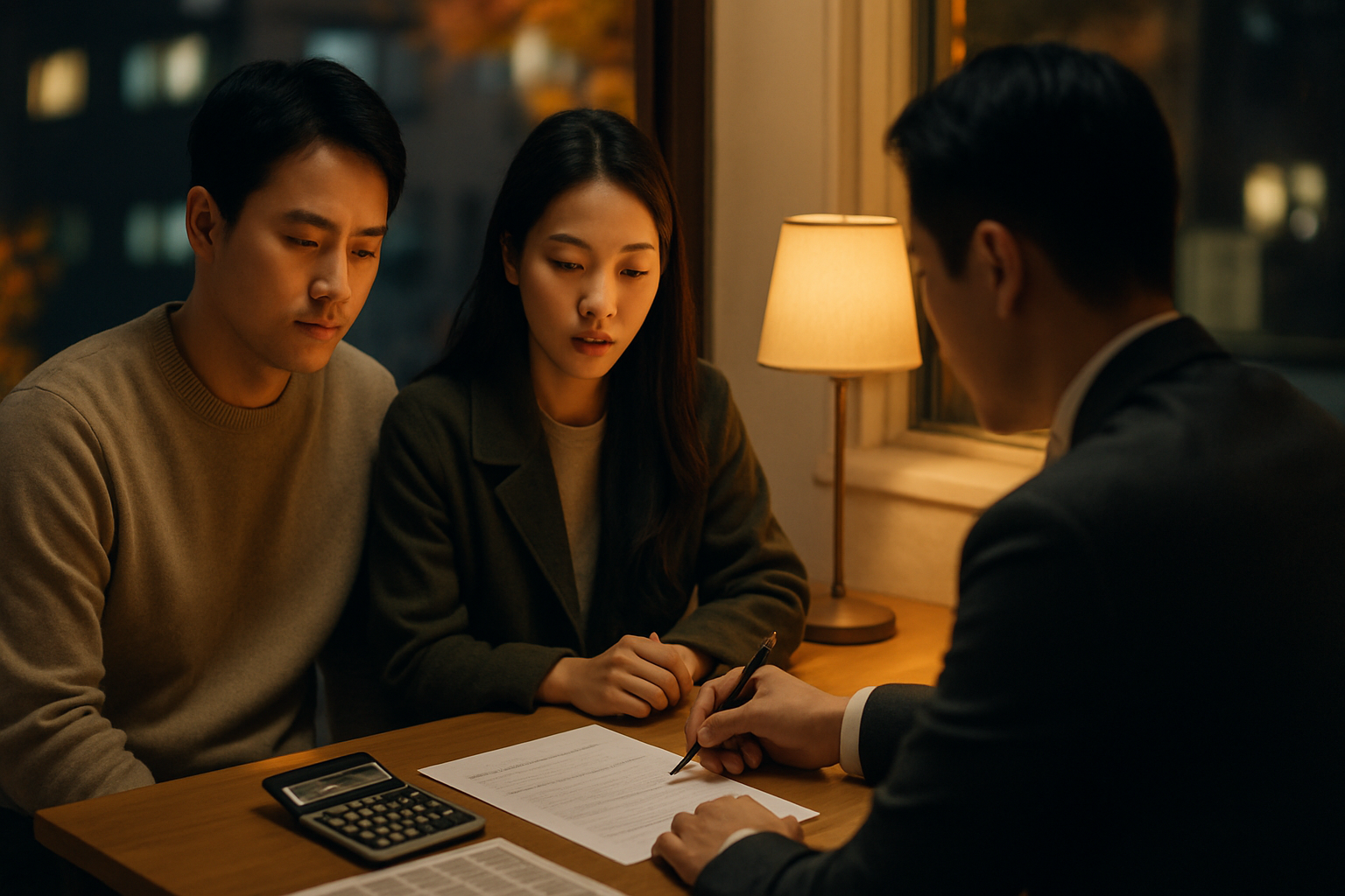 가을 저녁 서울 외곽 공인중개사 사무소에서 전세 재계약서를 검토하는 부부의 사실적인 사진