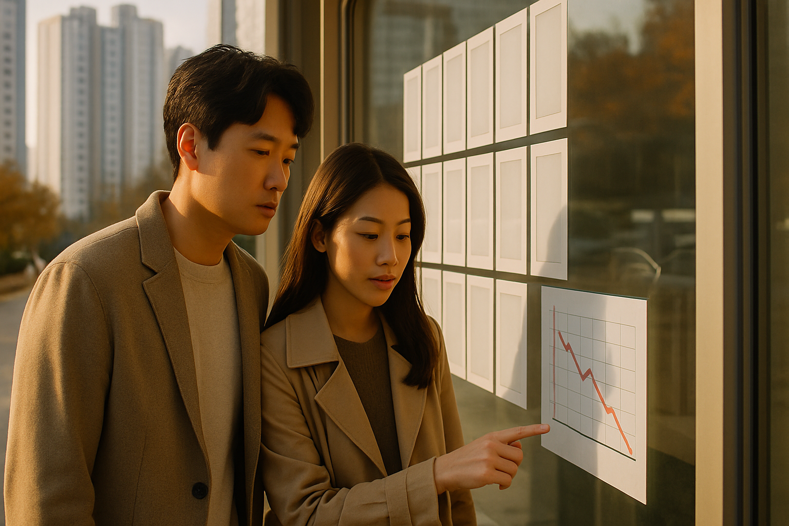 가을날 강남 아파트 단지 앞 공인중개사 사무소에서 가격표를 살펴보는 부부의 사실적인 사진