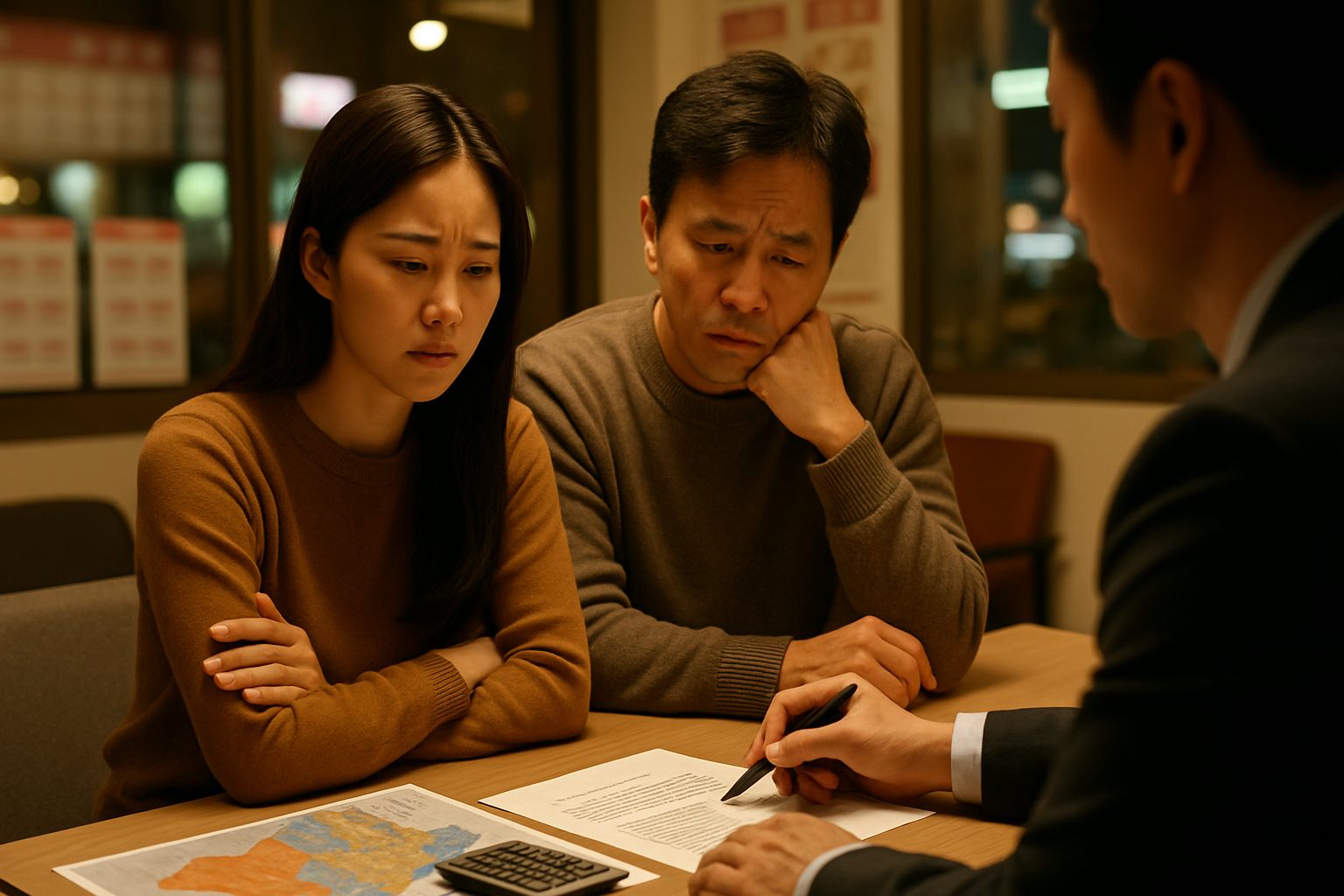 가을 저녁 수도권 부동산 중개사무소에서 전세 재계약을 상담받는 부부의 사실적인 사진