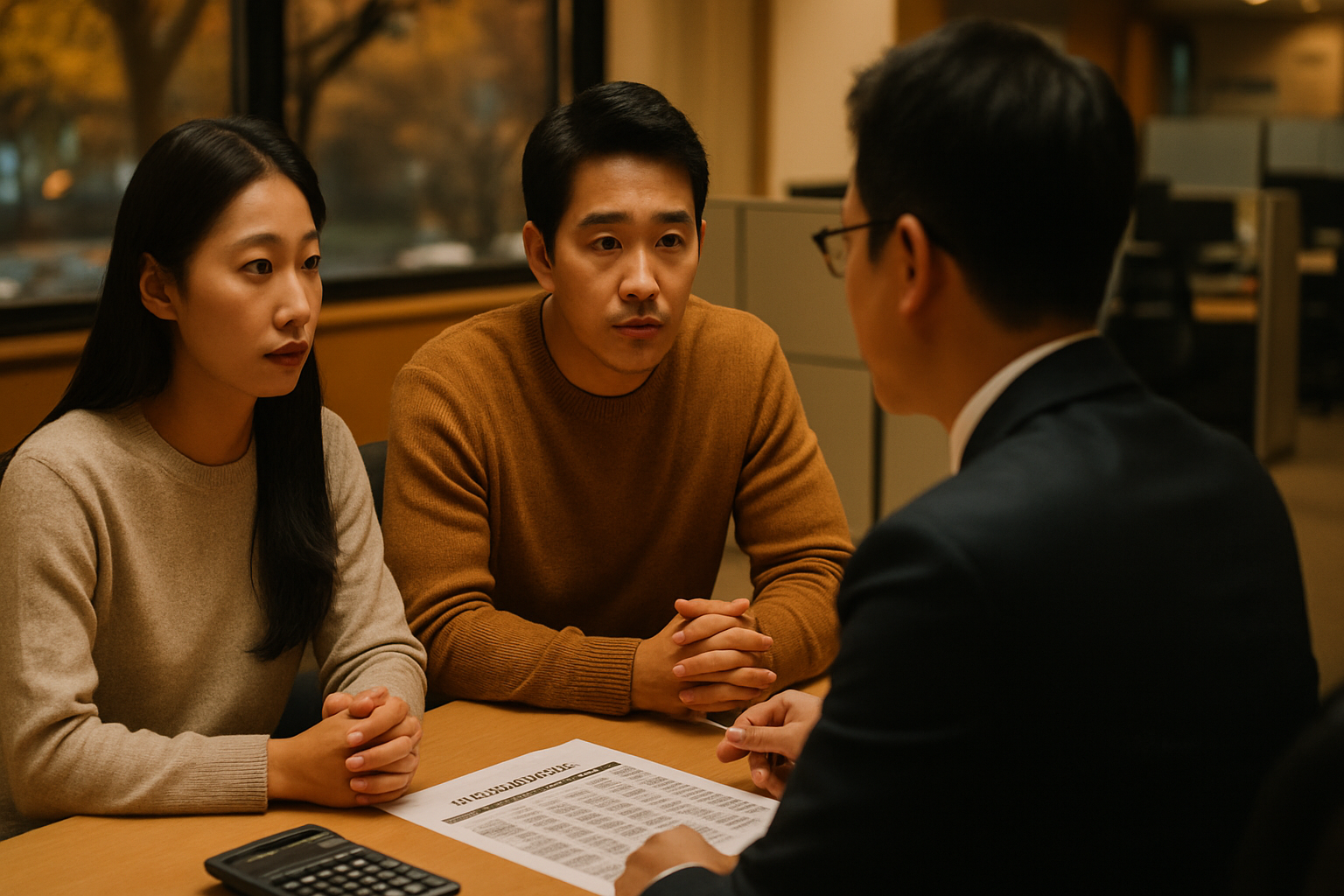 가을 저녁 은행 창구에서 주택담보대출 금리 상담을 받는 부부의 사실적인 사진
