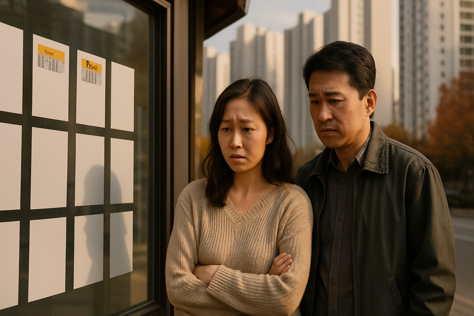 가을날 전세 매물이 거의 없는 대단지 아파트 앞 공인중개사 사무소를 살펴보는 부부의 사실적인 사진