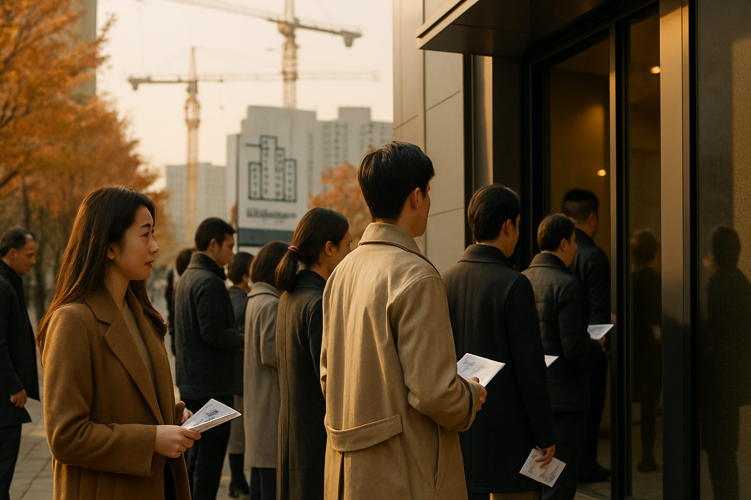 가을날 신규 아파트 모델하우스 앞에서 줄을 서서 기다리는 예비 청약자들의 사실적인 사진