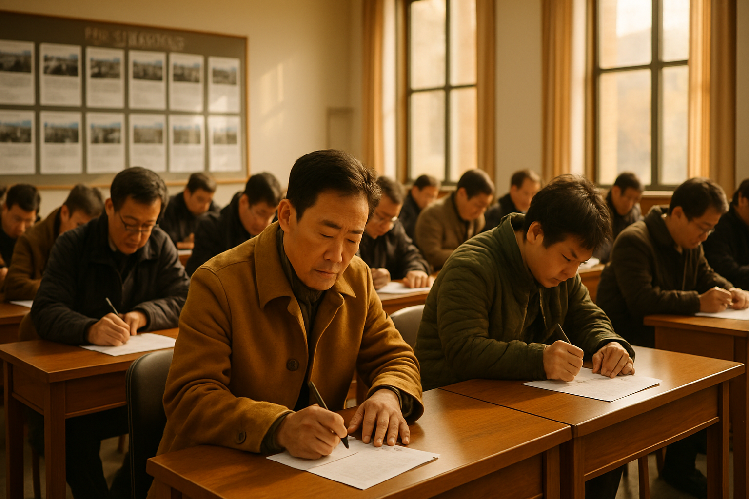 가을날 법원 부동산 경매 입찰장에서 서류를 작성하는 사람들의 사실적인 사진