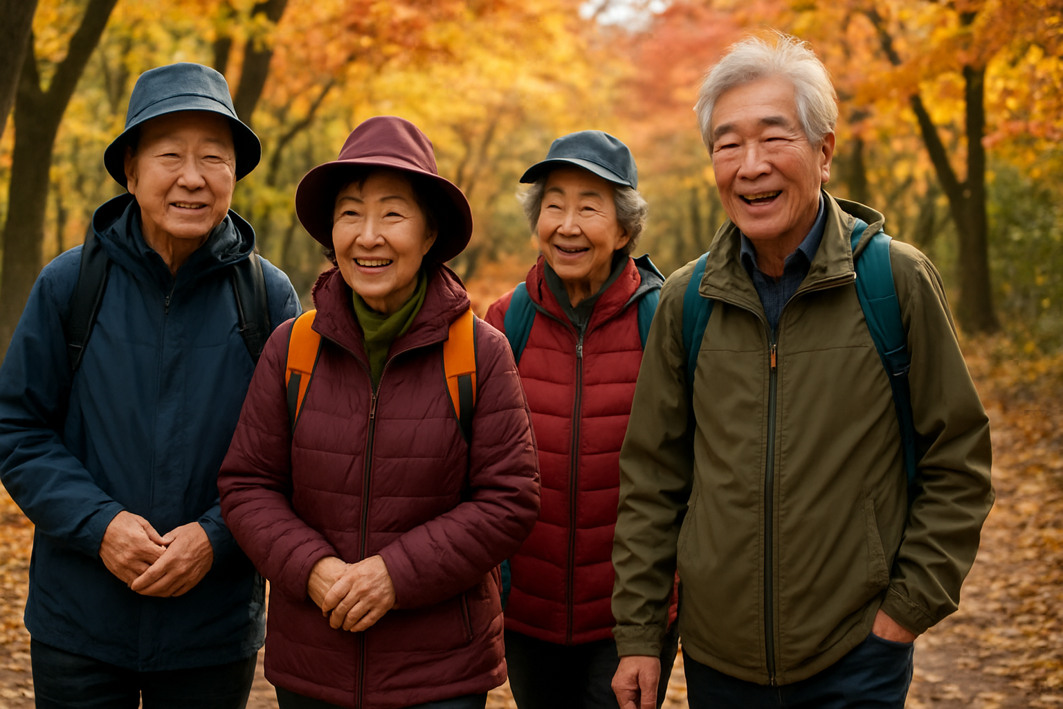 단풍이 물든 산책로를 함께 걷는 60~70대 한국인 시니어들의 사실적인 사진