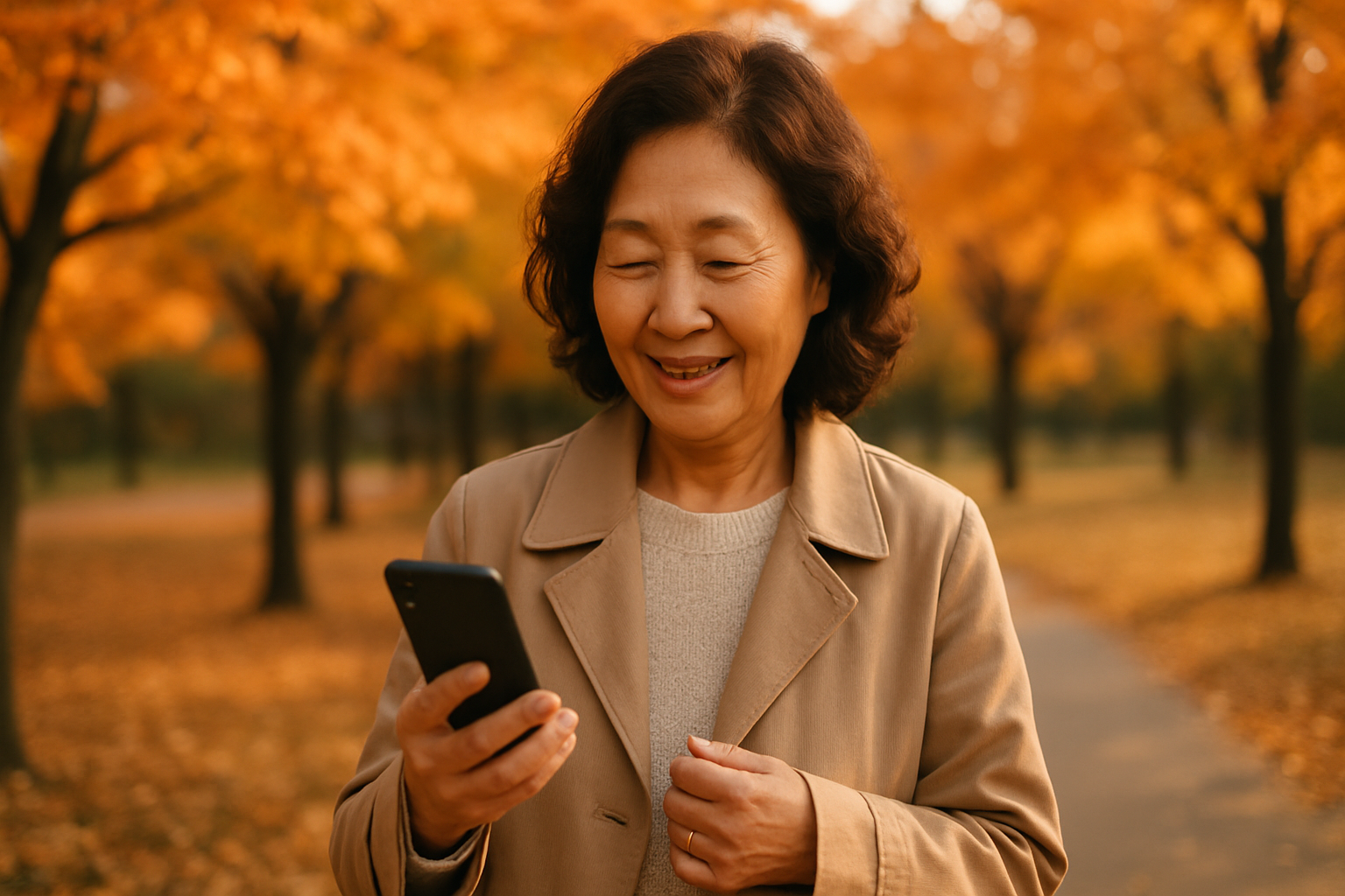 가을 공원에서 스마트폰을 확인하며 걷는 60대 여성의 사실적인 사진