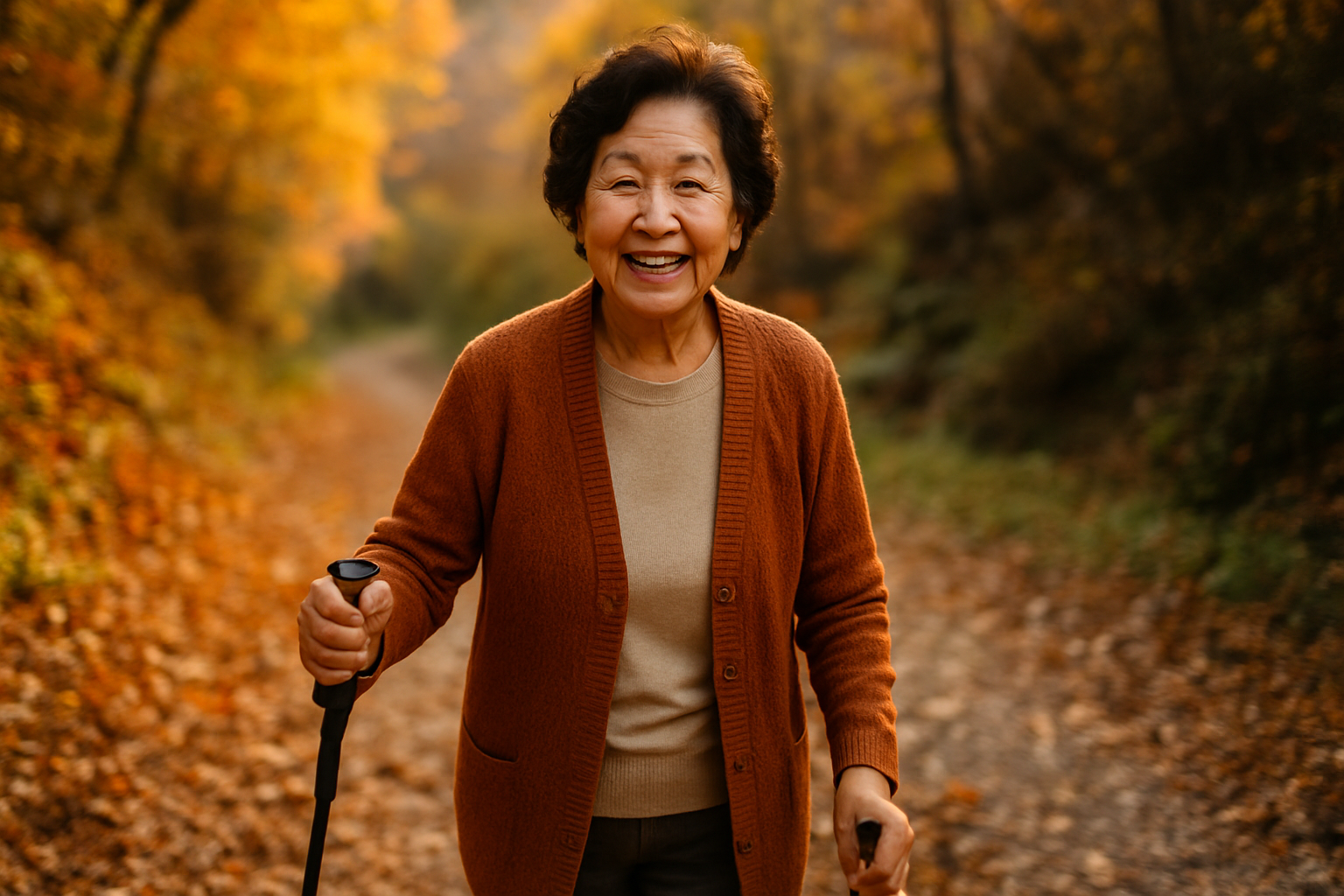 가을 단풍길을 등산 스틱과 함께 걷는 60대 여성의 사실적인 사진